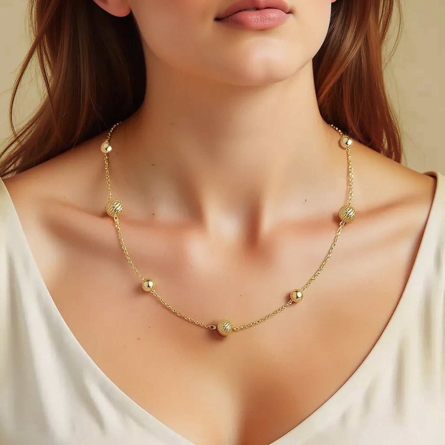 Alternating Bead Chain Necklace in 14K Yellow Gold