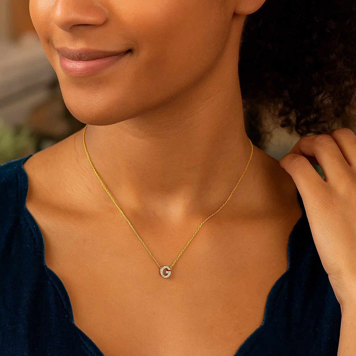 14K Yellow Gold Mini Diamond G Initial Pendant Necklace for Women | Yene store