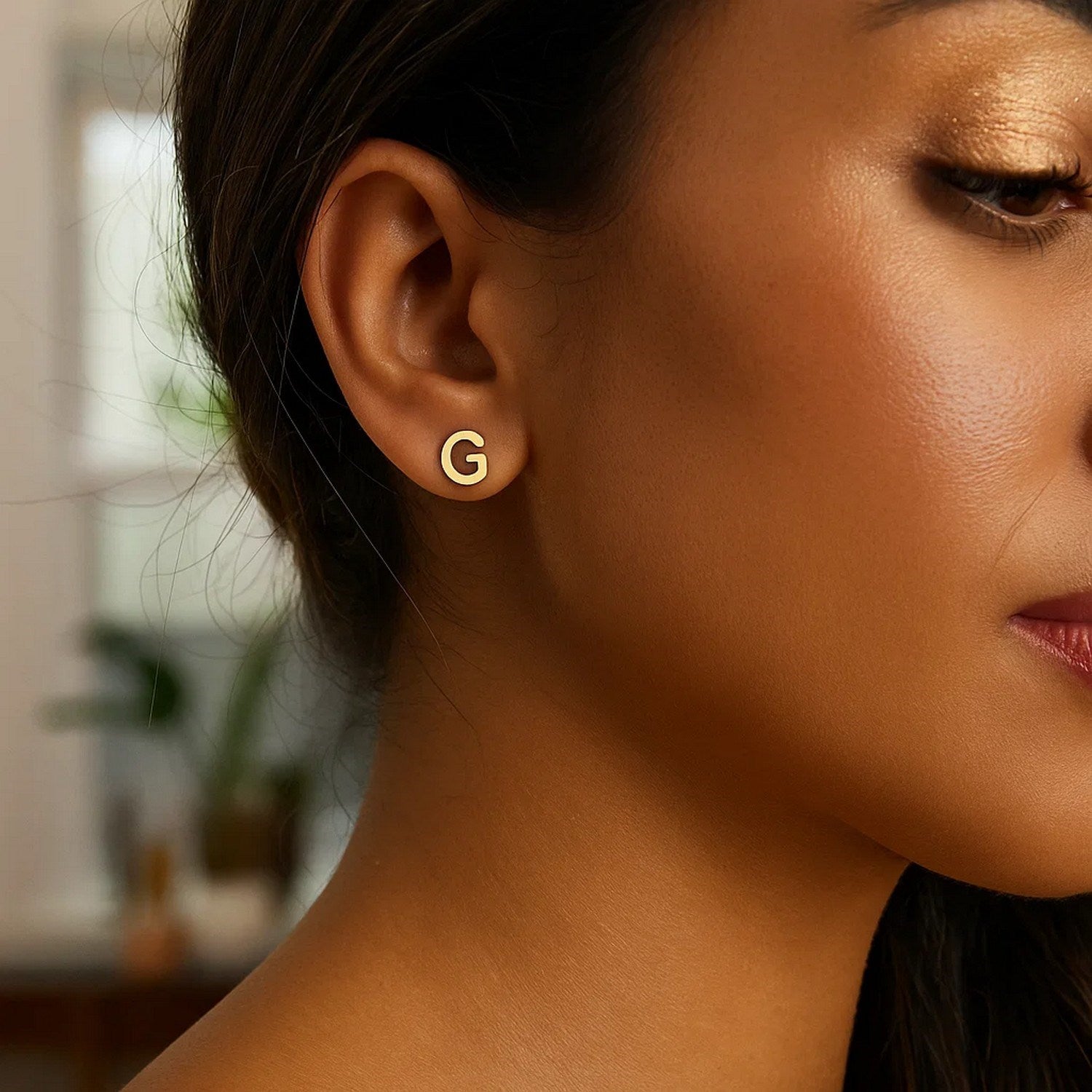 14K Yellow Gold Yours Truly Initial G Stud Earrings for women | Yene Store