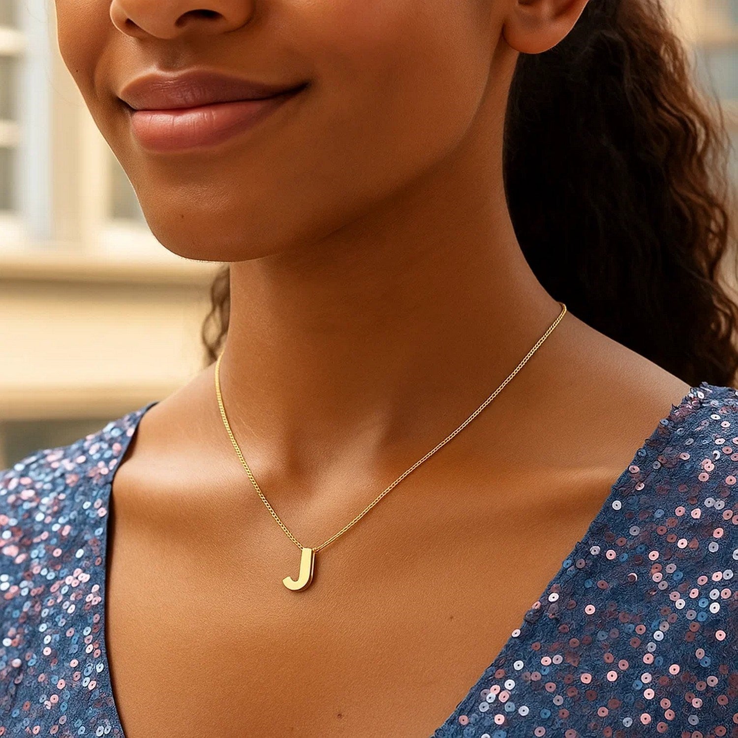 14K Yellow Gold Yours Truly Block Letter Initial J Necklace for Women | Yene Store