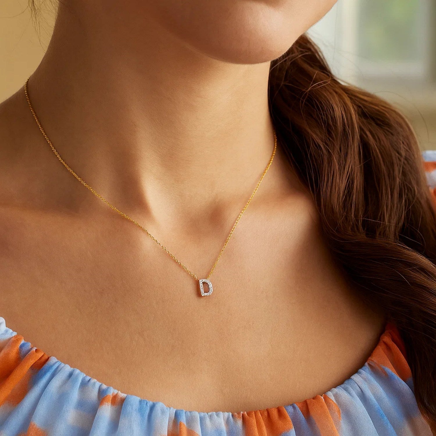 14K Yellow Gold Mini Diamond D Initial Pendant Necklace for Women | Yene Store