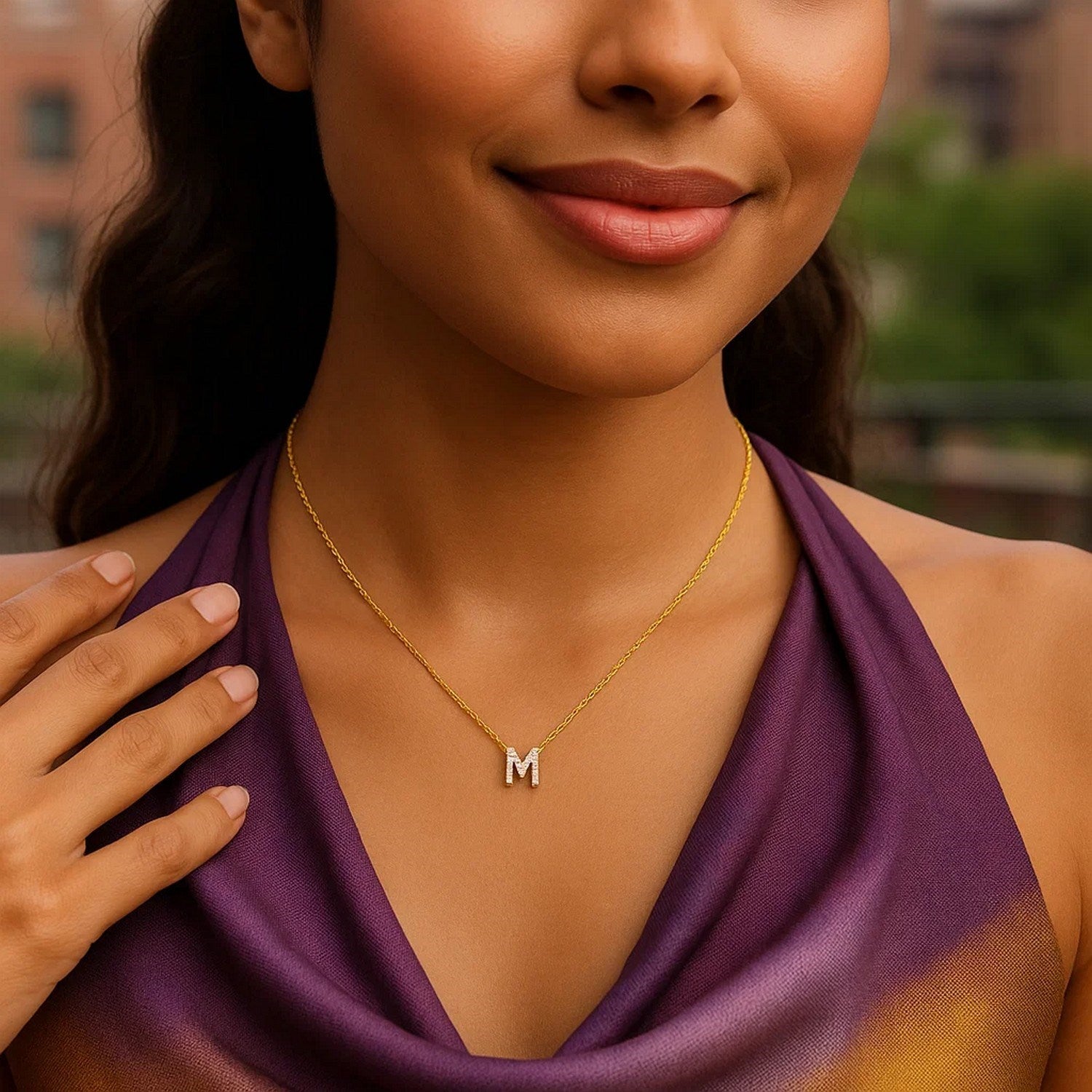 14K Yellow Gold Mini Diamond M Initial Pendant Necklace for Women | Yene Store