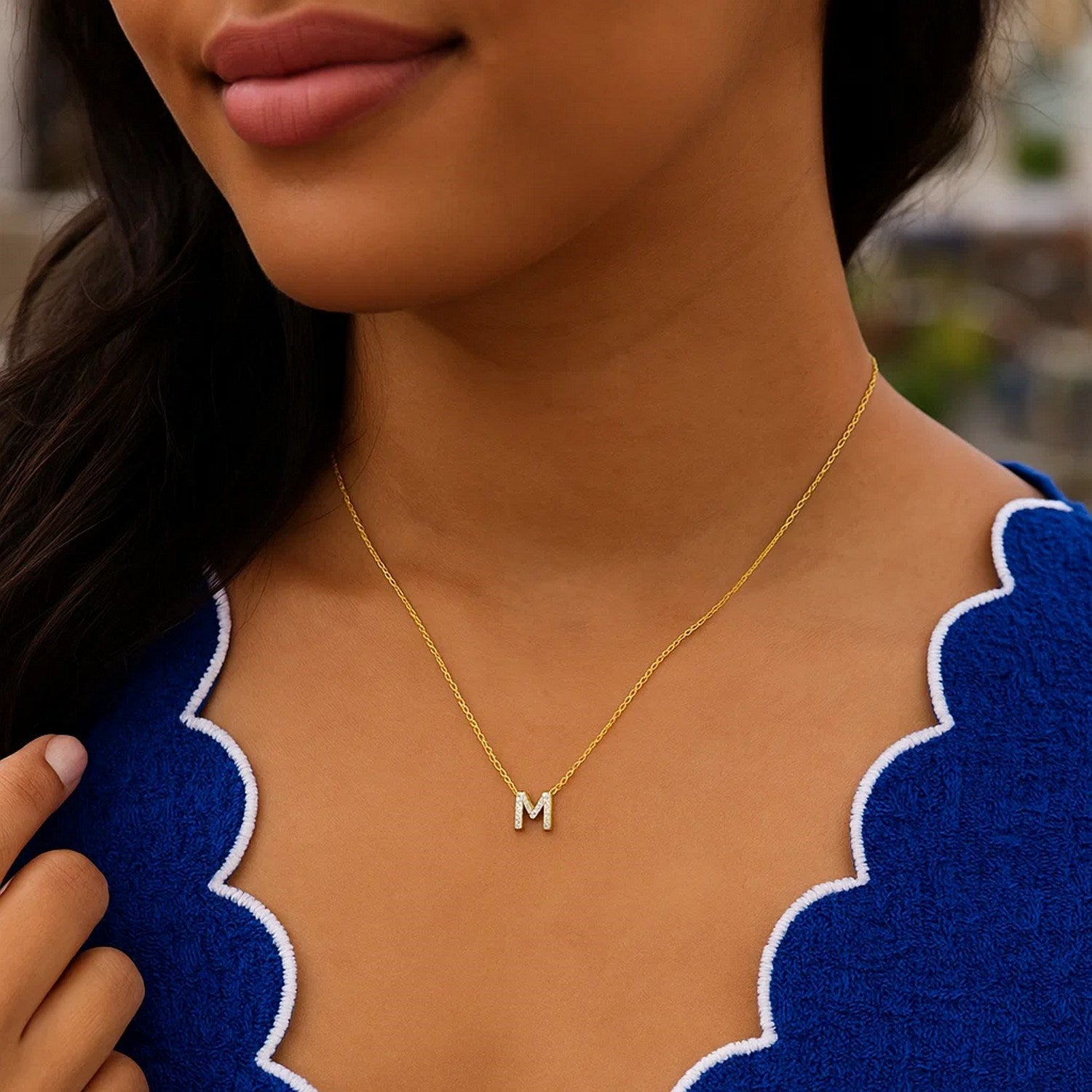 14K Yellow Gold Mini Diamond M Initial Pendant Necklace for Women | Yene Store