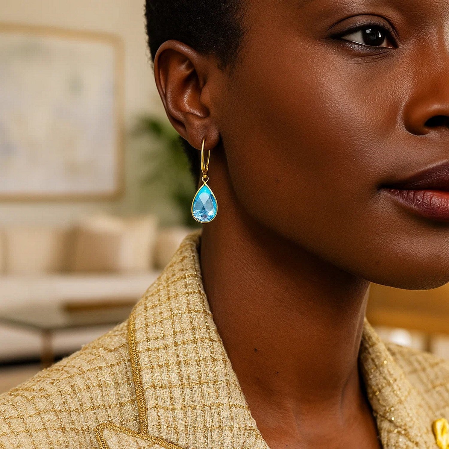 Drop Earrings with Pear-Shaped Blue Topaz Briolettes in 14k Yellow Gold for Women | Yene Store