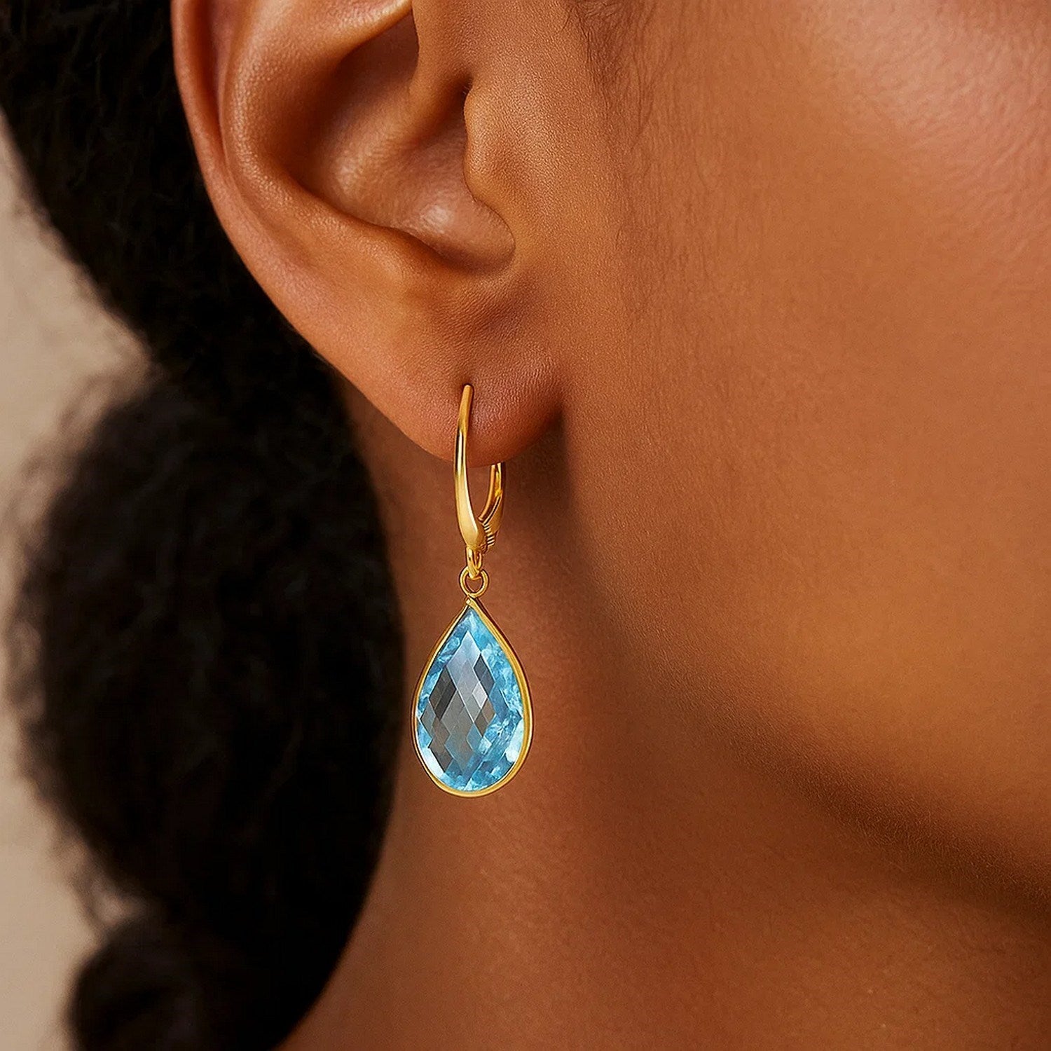Drop Earrings with Pear-Shaped Blue Topaz Briolettes in 14k Yellow Gold for Women | Yene Store