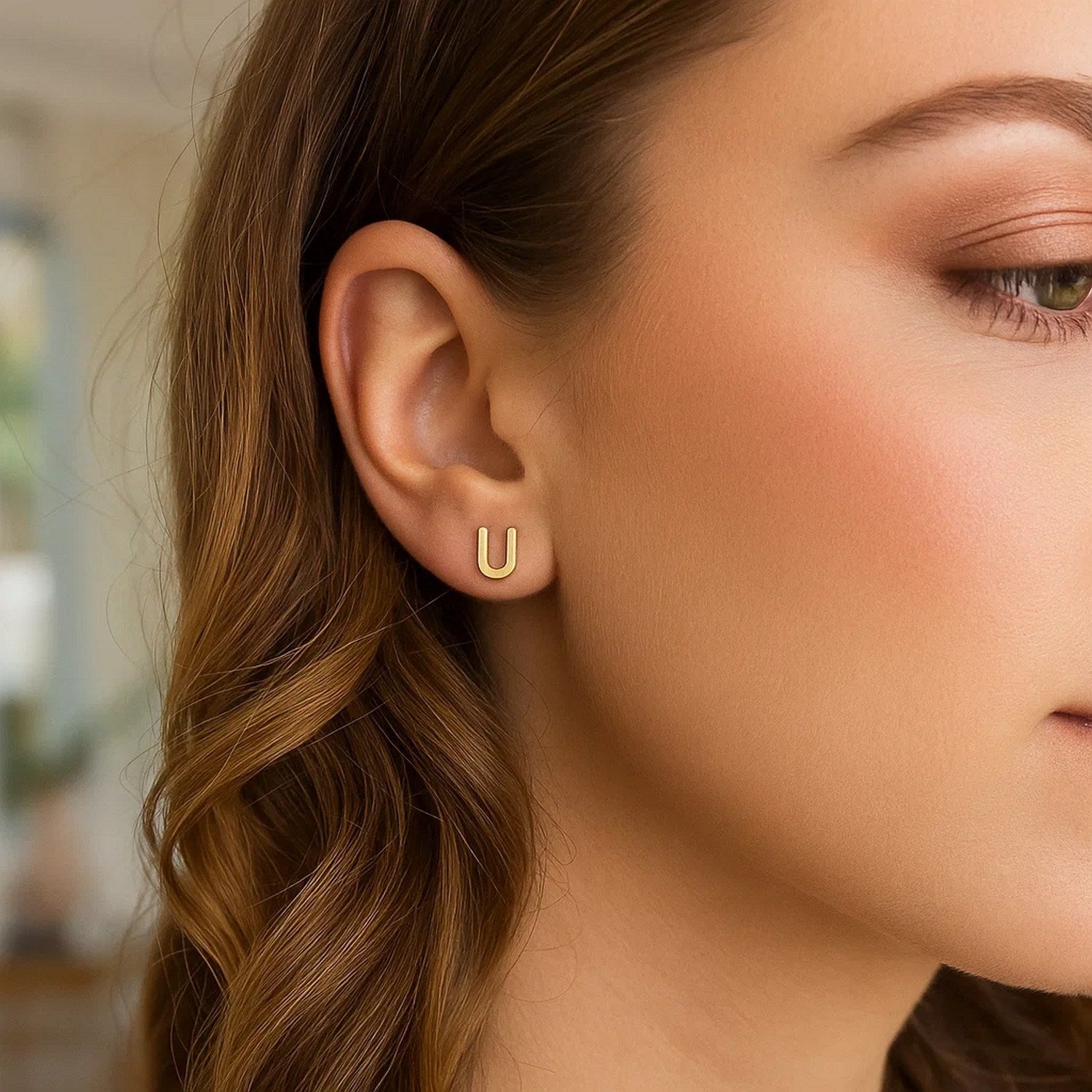 14K Yellow Gold Yours Truly Initial U Stud Earrings for Women | Yene Store 