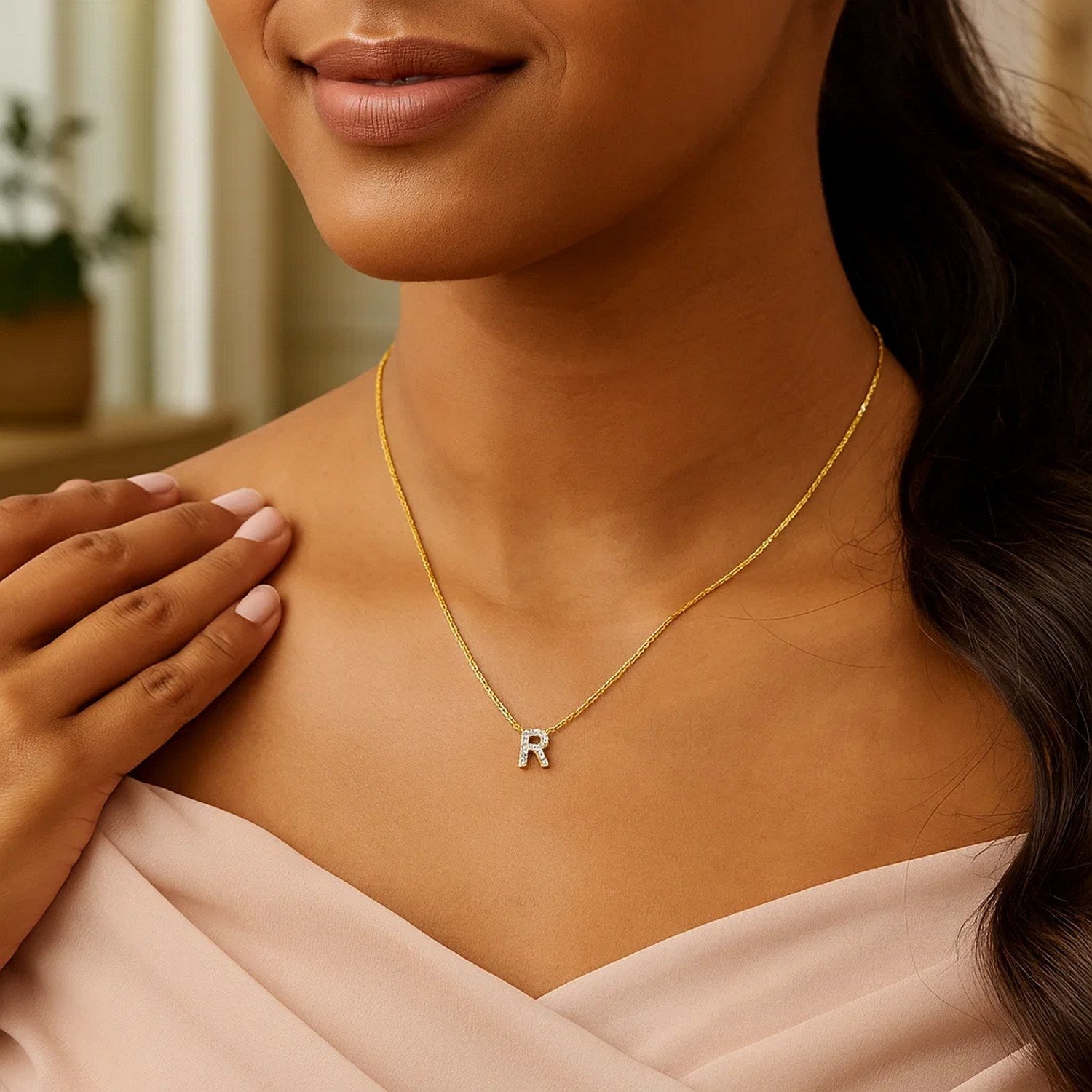 14K Yellow Gold Mini Diamond R Initial Pendant Necklace for Women | Yene Store