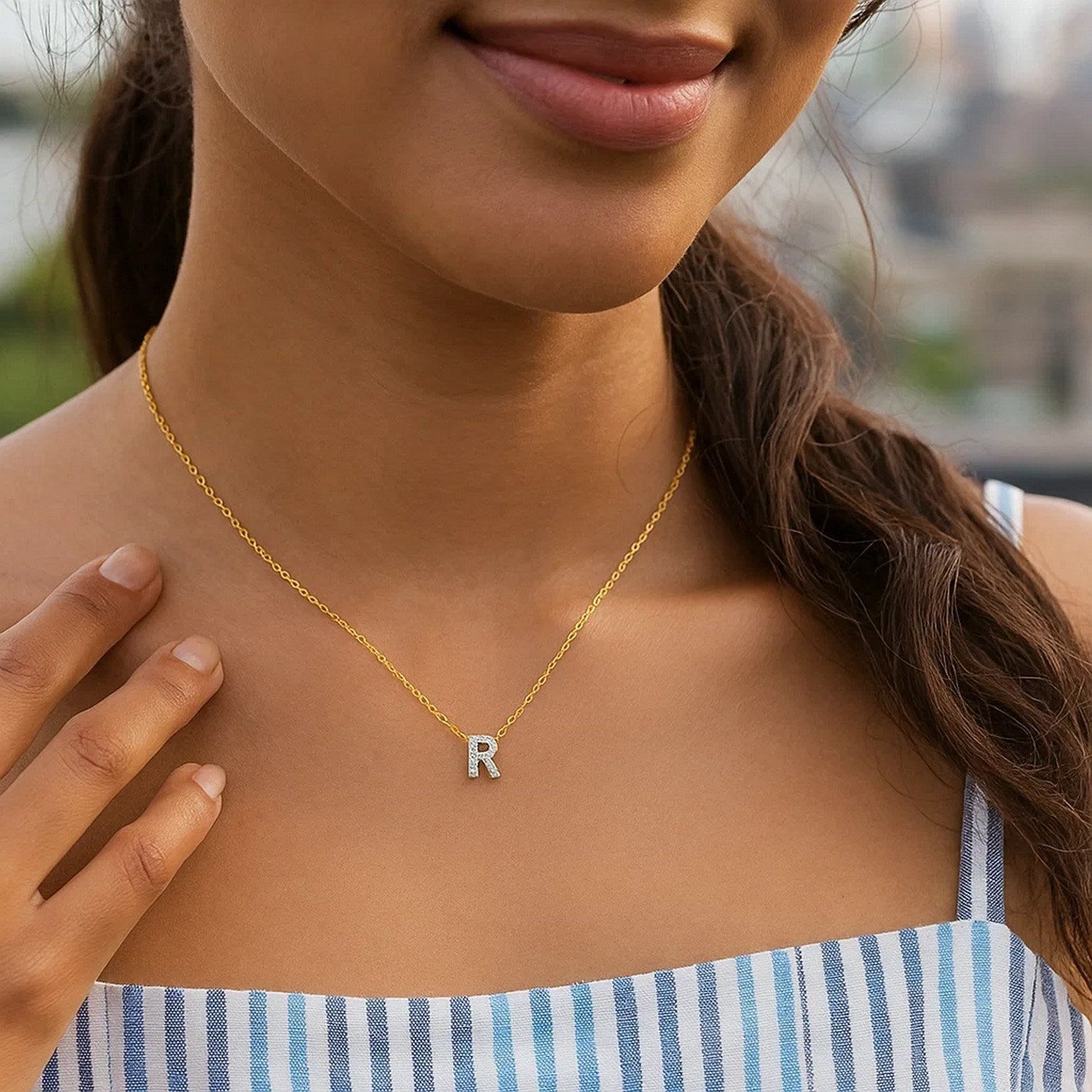 14K Yellow Gold Mini Diamond R Initial Pendant Necklace for Women | Yene Store