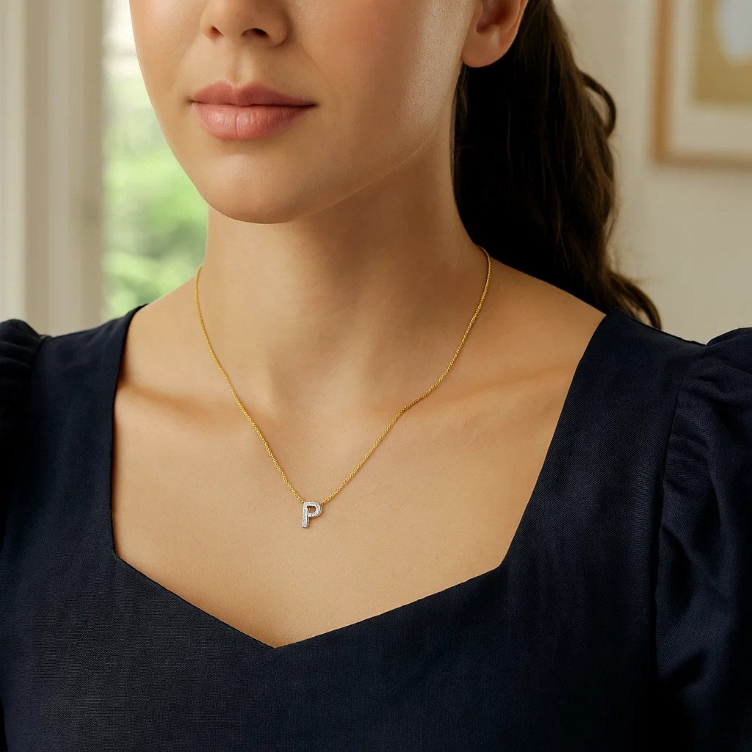 14K Yellow Gold Mini Diamond P Initial Pendant Necklace for Women | Yene Store
