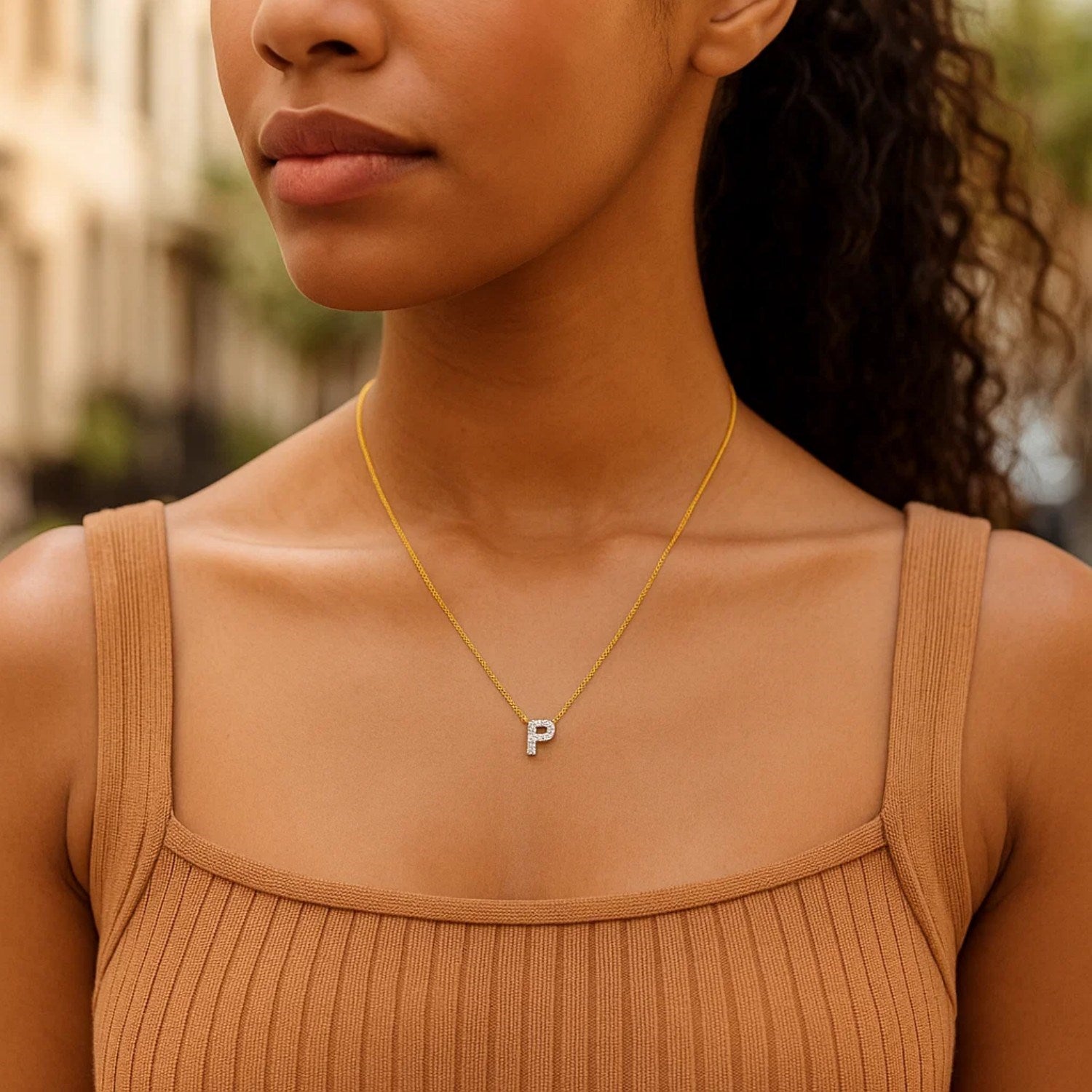 14K Yellow Gold Mini Diamond P Initial Pendant Necklace for Women | Yene Store