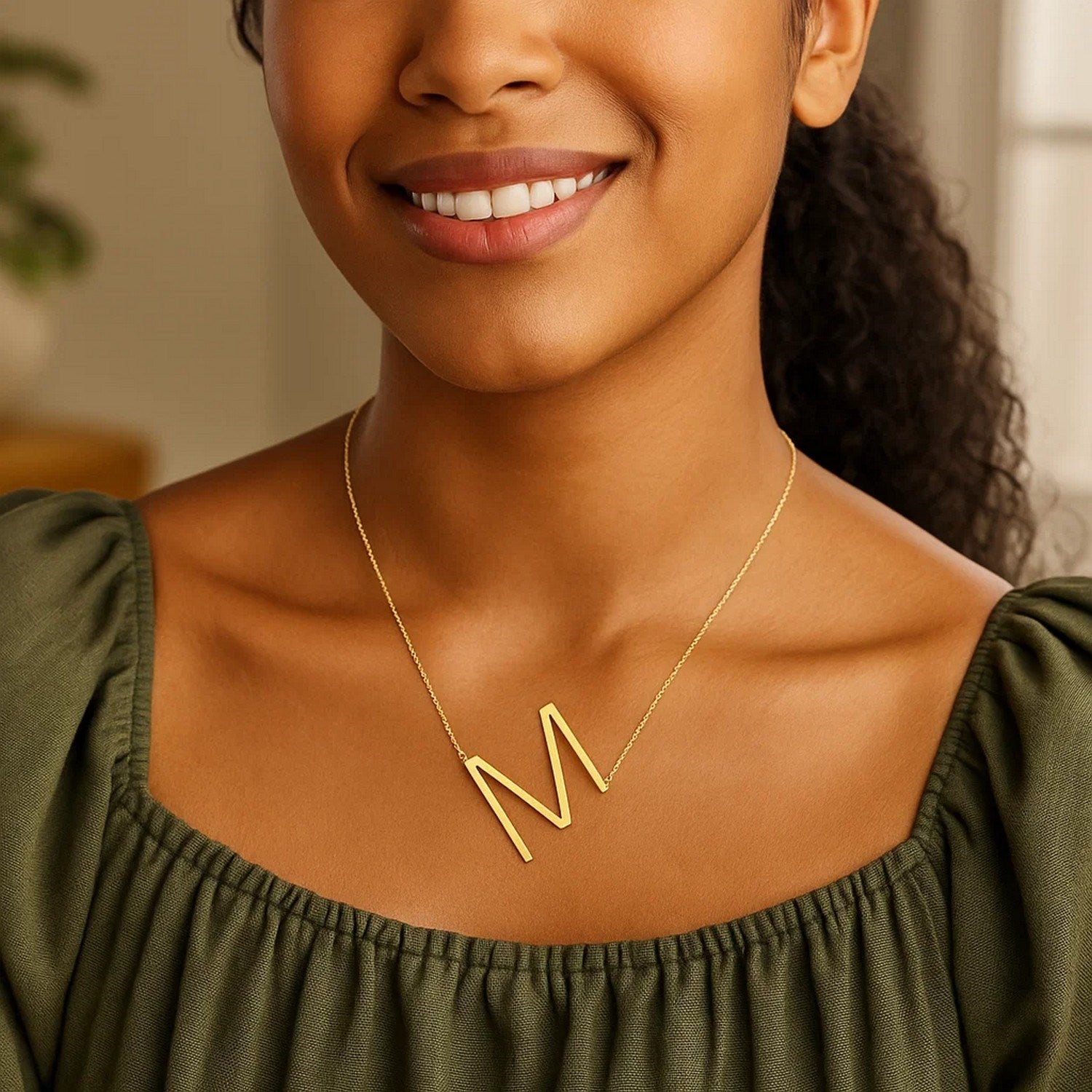 14K Yellow Gold Yours Truly Large Initial M Necklace for Women | Yene Store