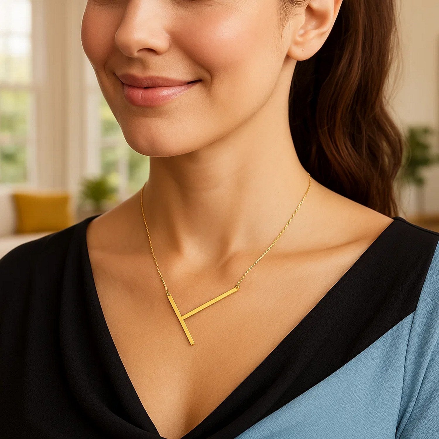 14K Yellow Gold Yours Truly Large Initial T Necklace for Women | Yene Store