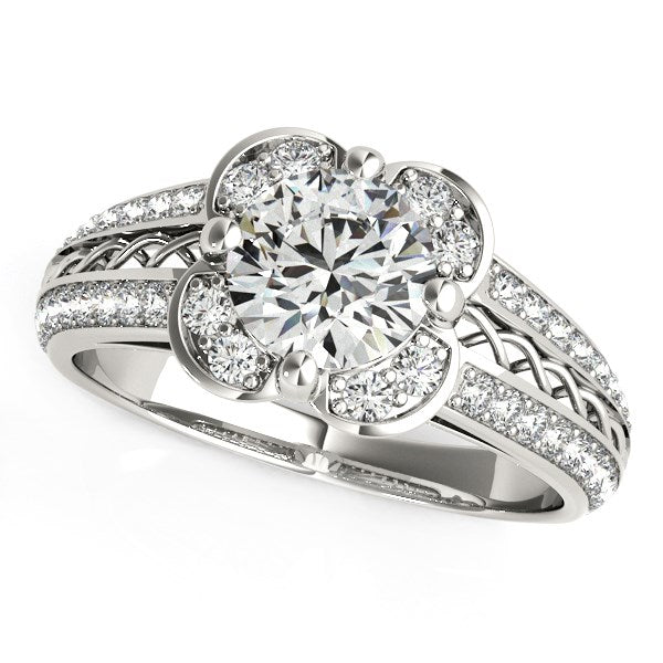 Round Diamond Floral Motif Engagement Ring in 14k White Gold (1 3/8 cttw) for Women | Yenestore 
