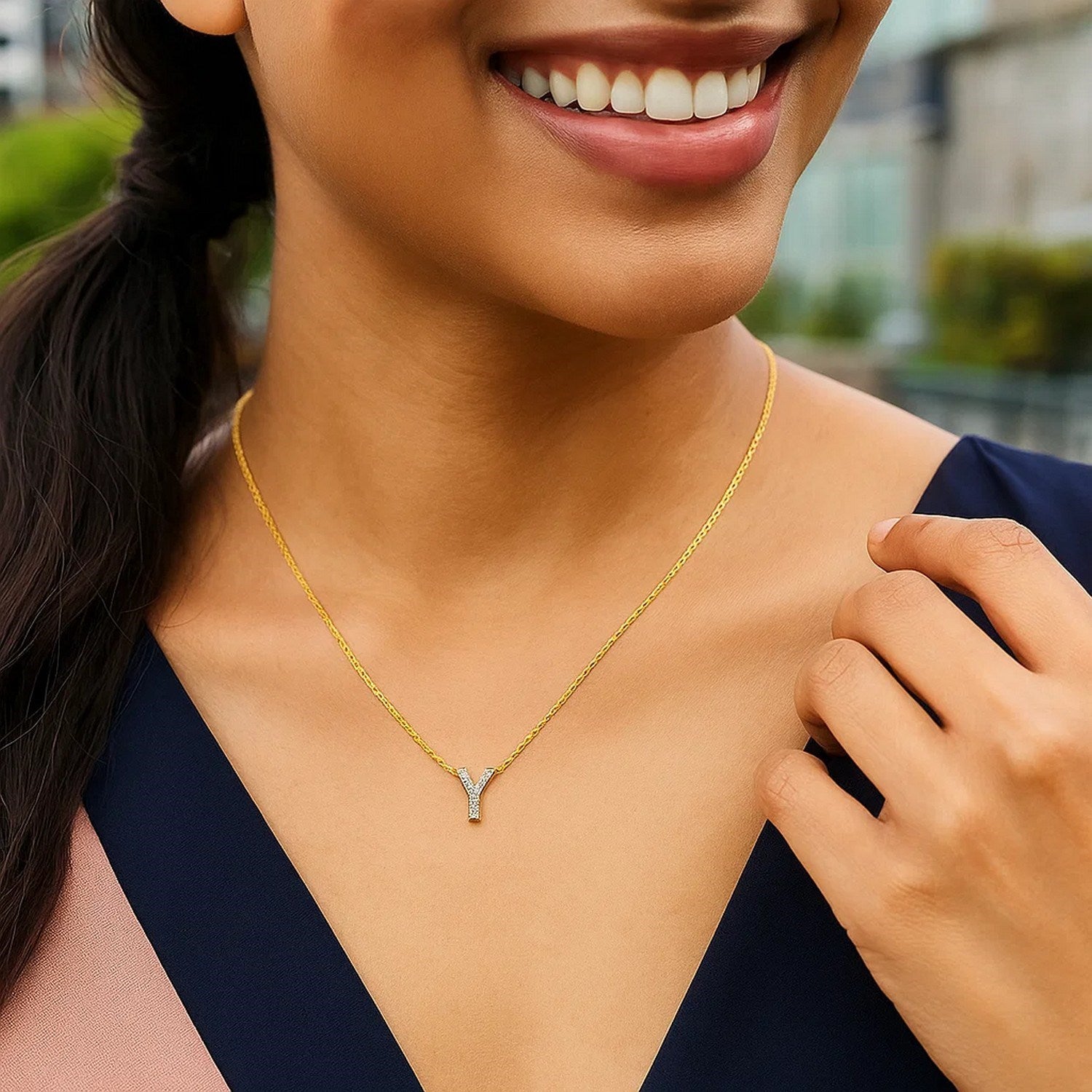 14K Yellow Gold Mini Diamond Y Initial Pendant Necklace for Women | Yene Store
