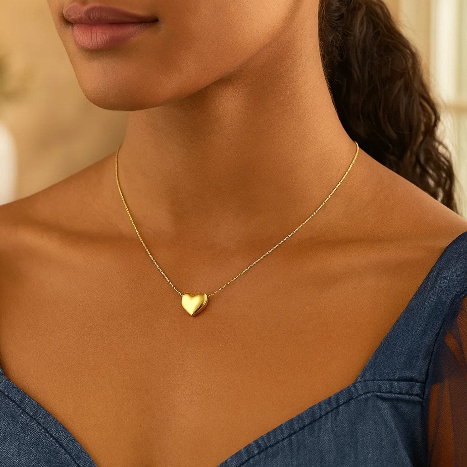 14k Yellow Gold Chain Necklace with Sliding Puffed Heart Charm