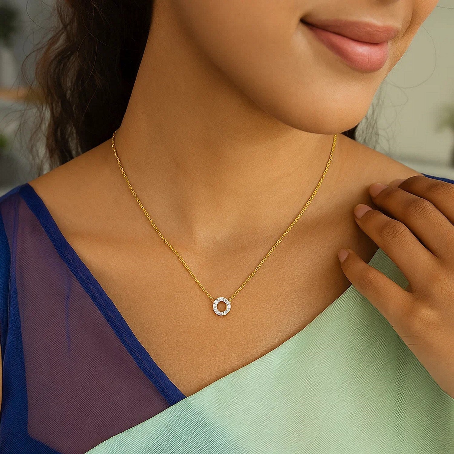 14K Yellow Gold Mini Diamond O Initial Pendant Necklace for Women | Yene Store 