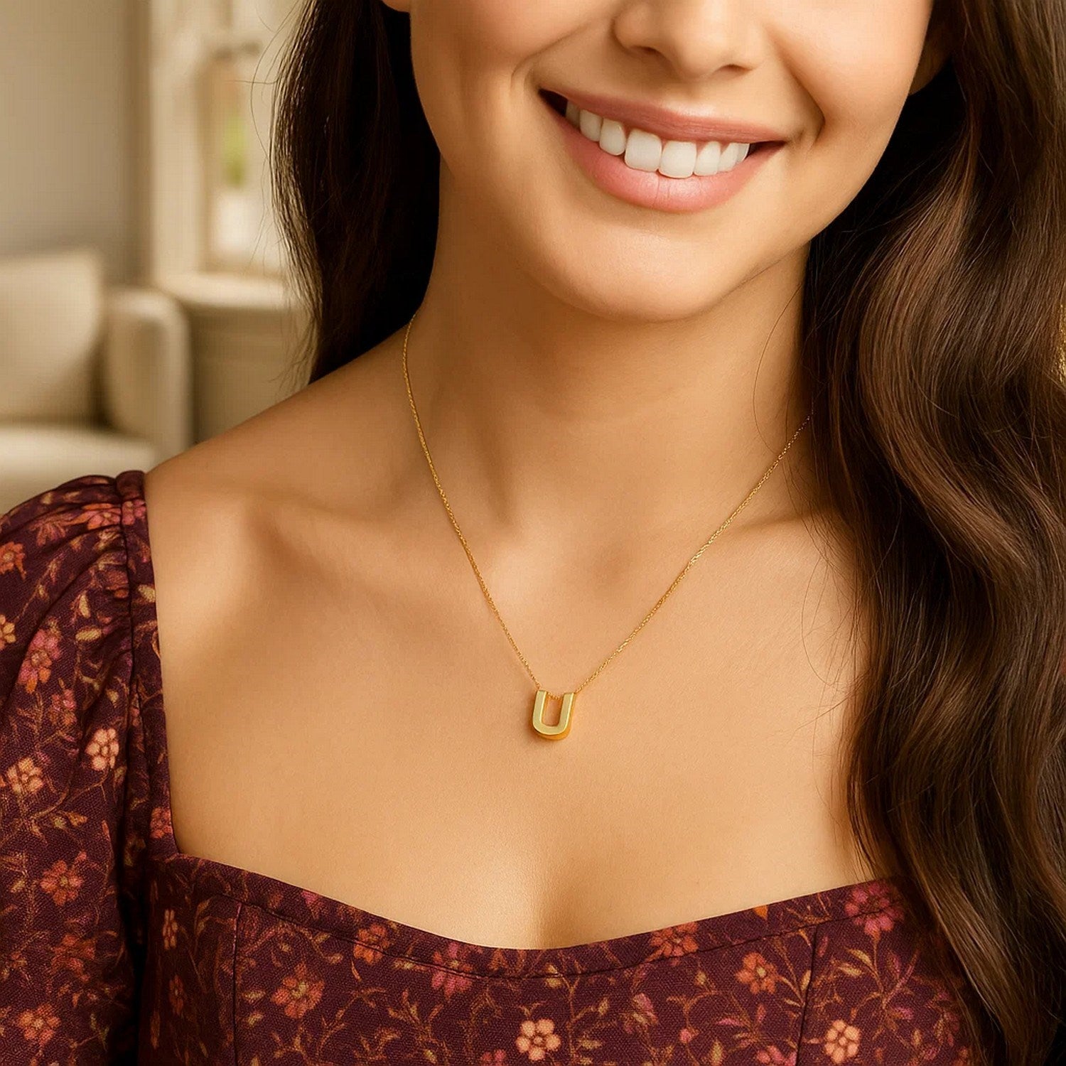 14K Yellow Gold Yours Truly Block Letter Initial U Necklace for Women | Yene Store 