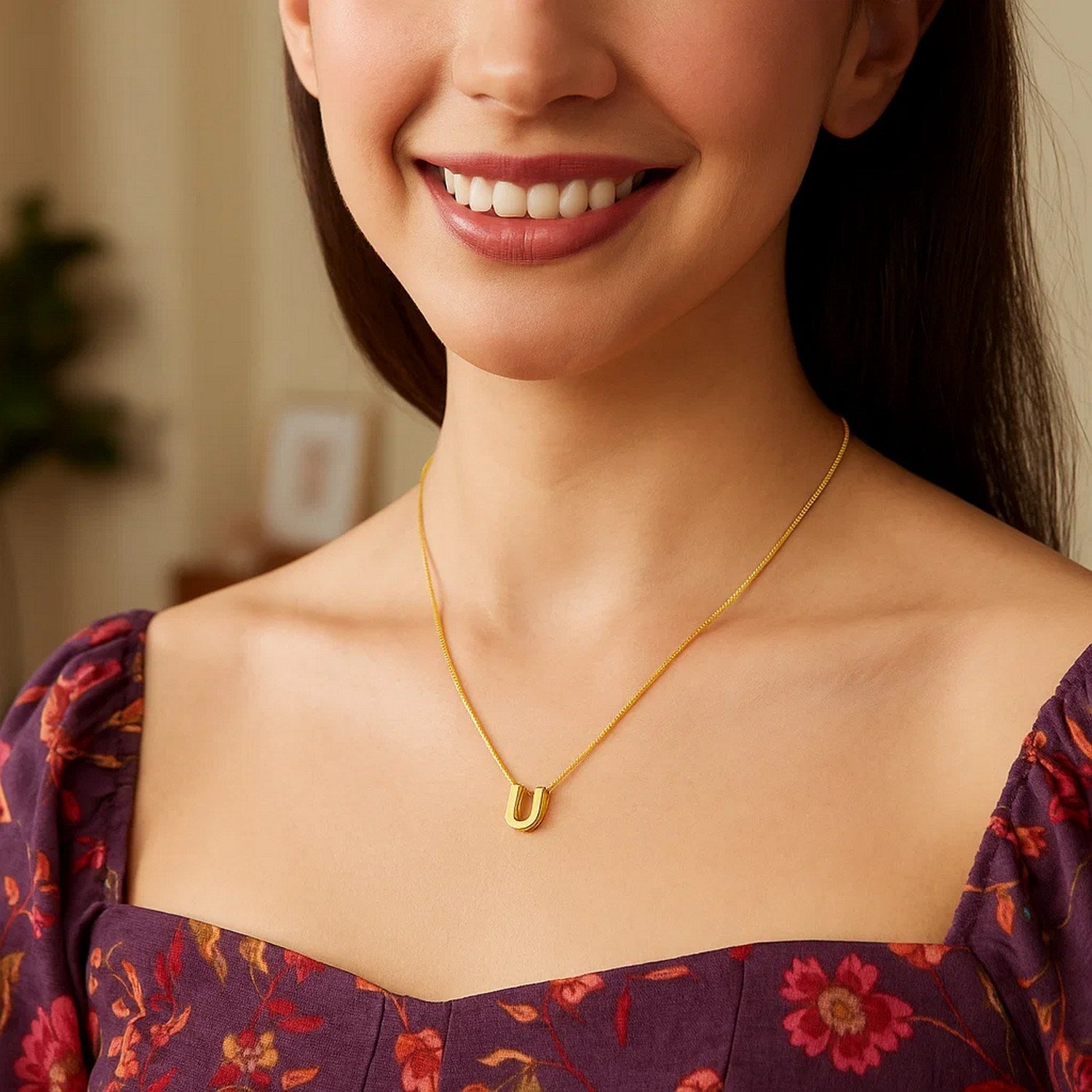 14K Yellow Gold Yours Truly Block Letter Initial U Necklace for Women | Yene Store 