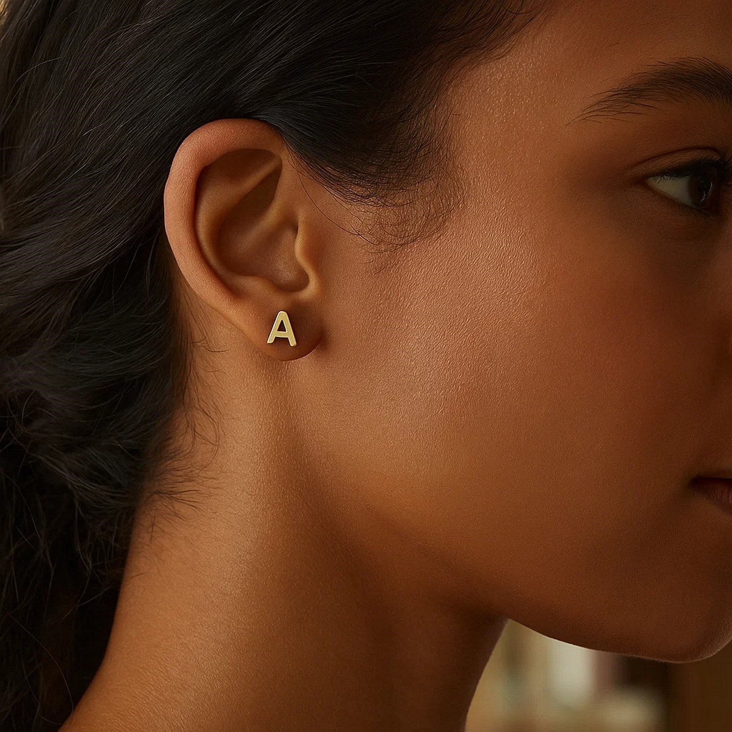 14K Yellow Gold Yours Truly Initial A Stud Earrings for Women | Yene Store 