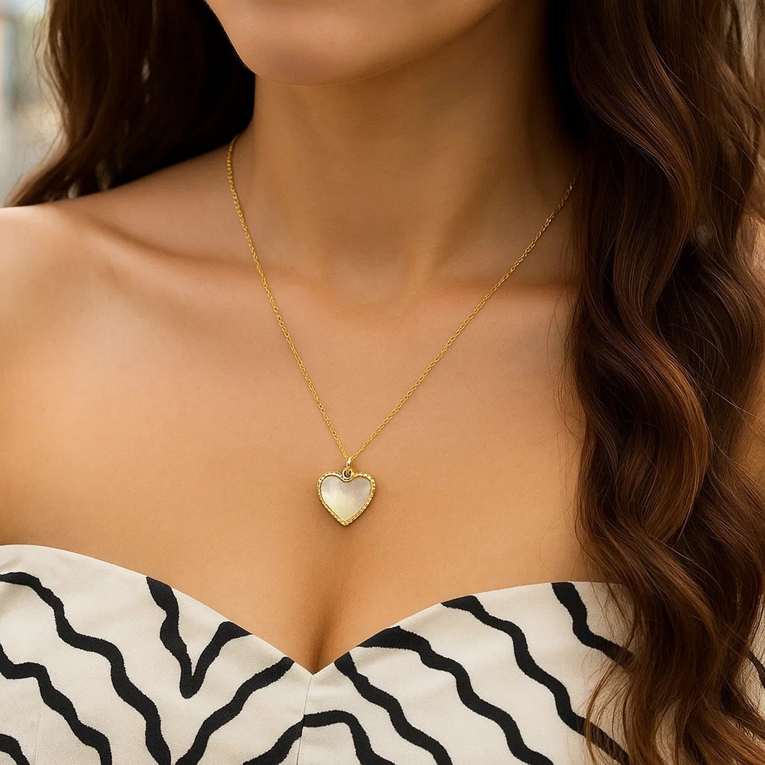 14k Yellow Gold High Polish Heart Pearl Paste Necklace for Women | Yene store
