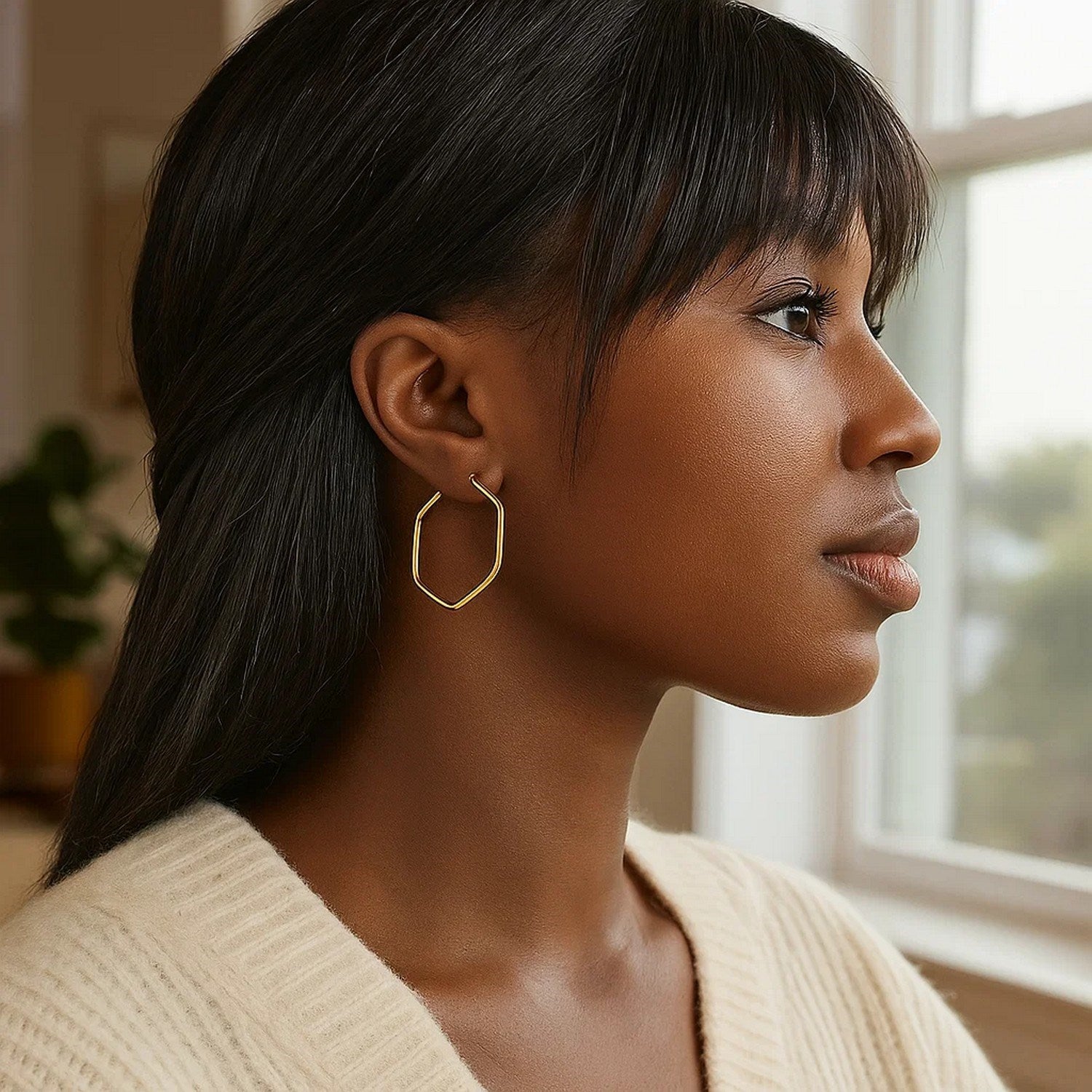 14K Yellow Gold Hexagon Hoop Rounded Edge Earrings for Women | Yene Store
