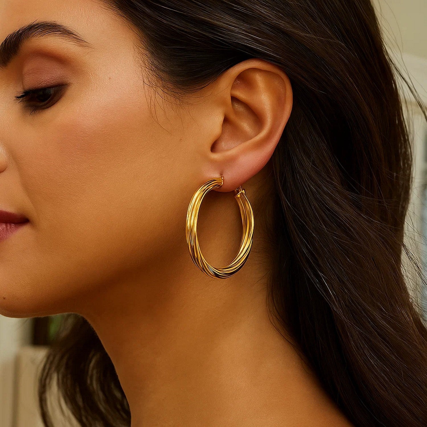 14K Yellow Gold Full Twist Large Hoops Earrings for Women | Yene Store