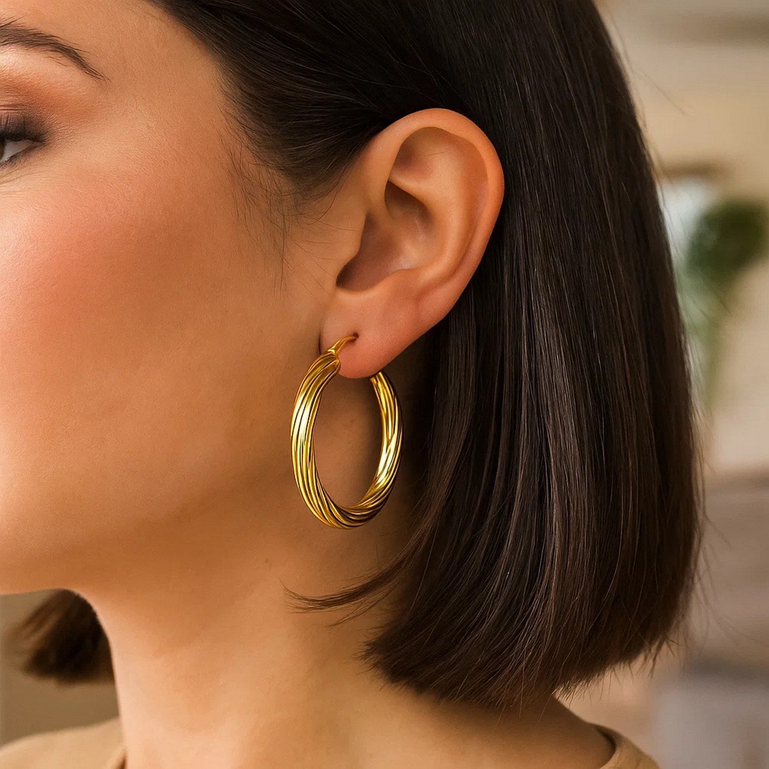 14K Yellow Gold Full Twist Large Hoops Earrings for Women | Yene Store 