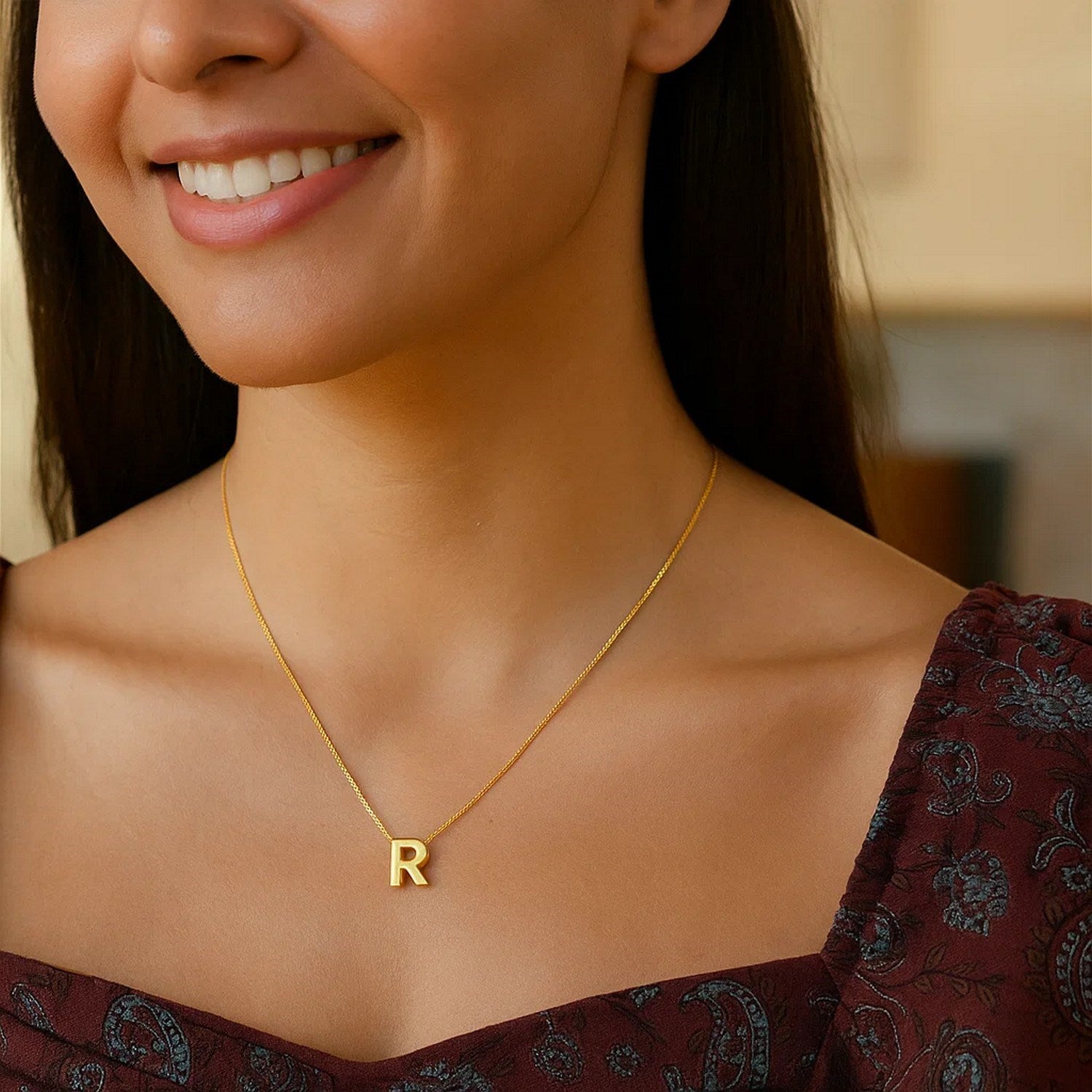 14K Yellow Gold Yours Truly Block Letter Initial R Necklace for Women | Yene Store