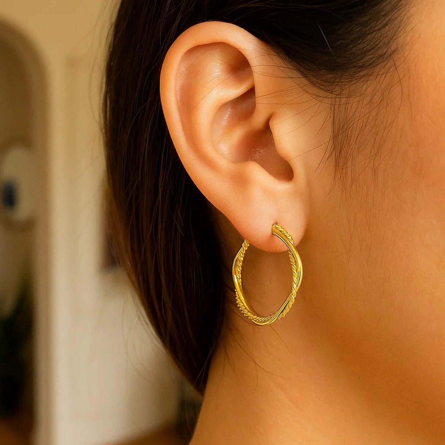 14k Yellow Gold Two Part Textured Twisted Round Hoop Earrings for Women | Yene Store 