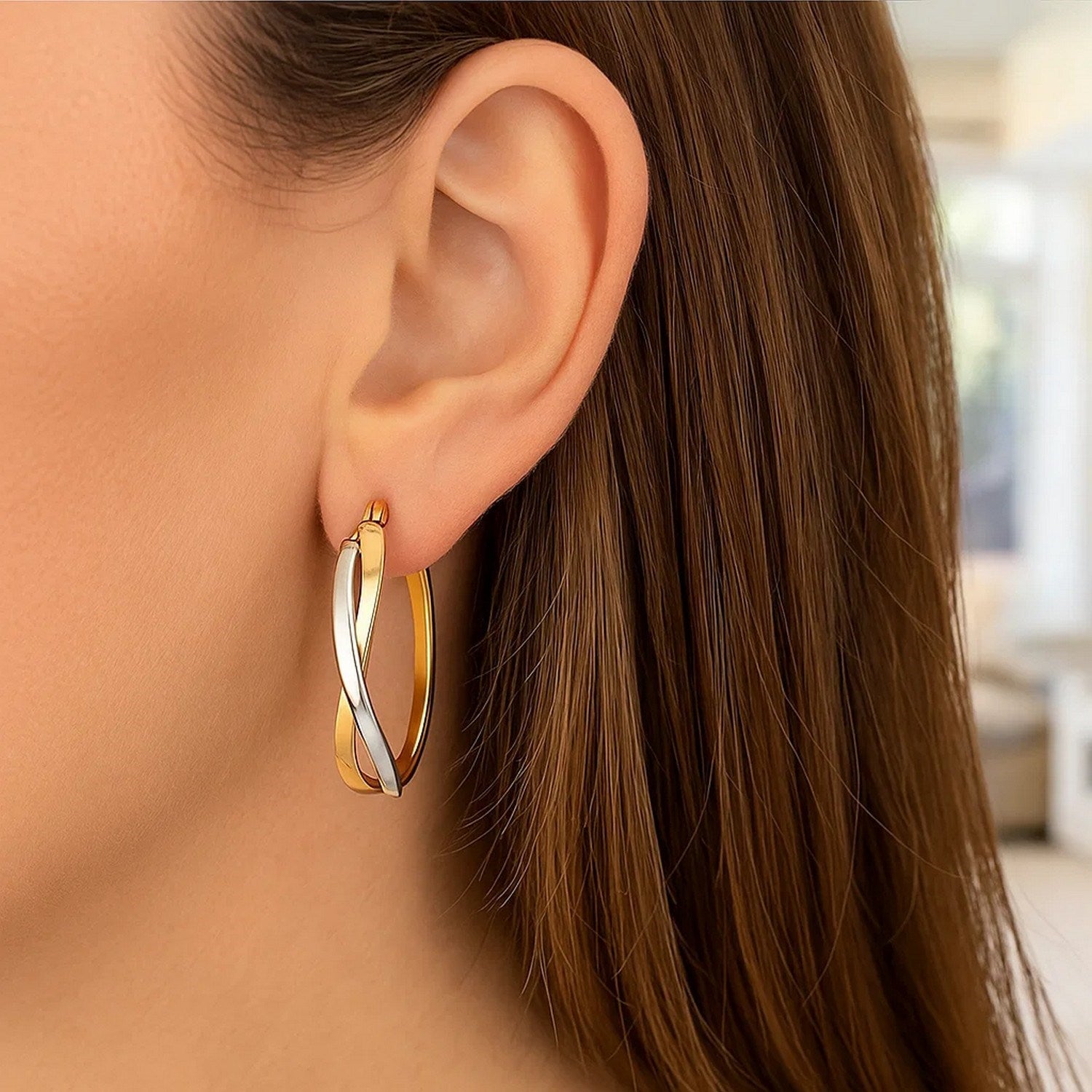 14k Two-Tone Gold Twisted Style Polished Hoop Earrings for Women | Yene Store