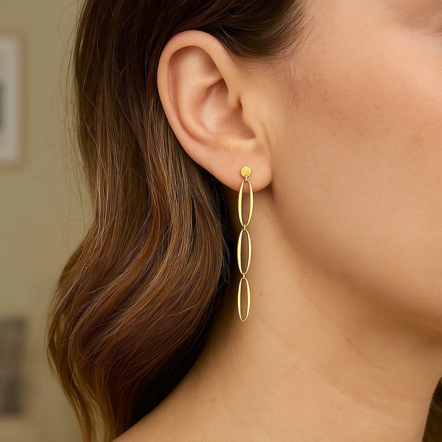 14K Yellow Gold Triple Oval Fancy Drop Earrings for Women | Yene store