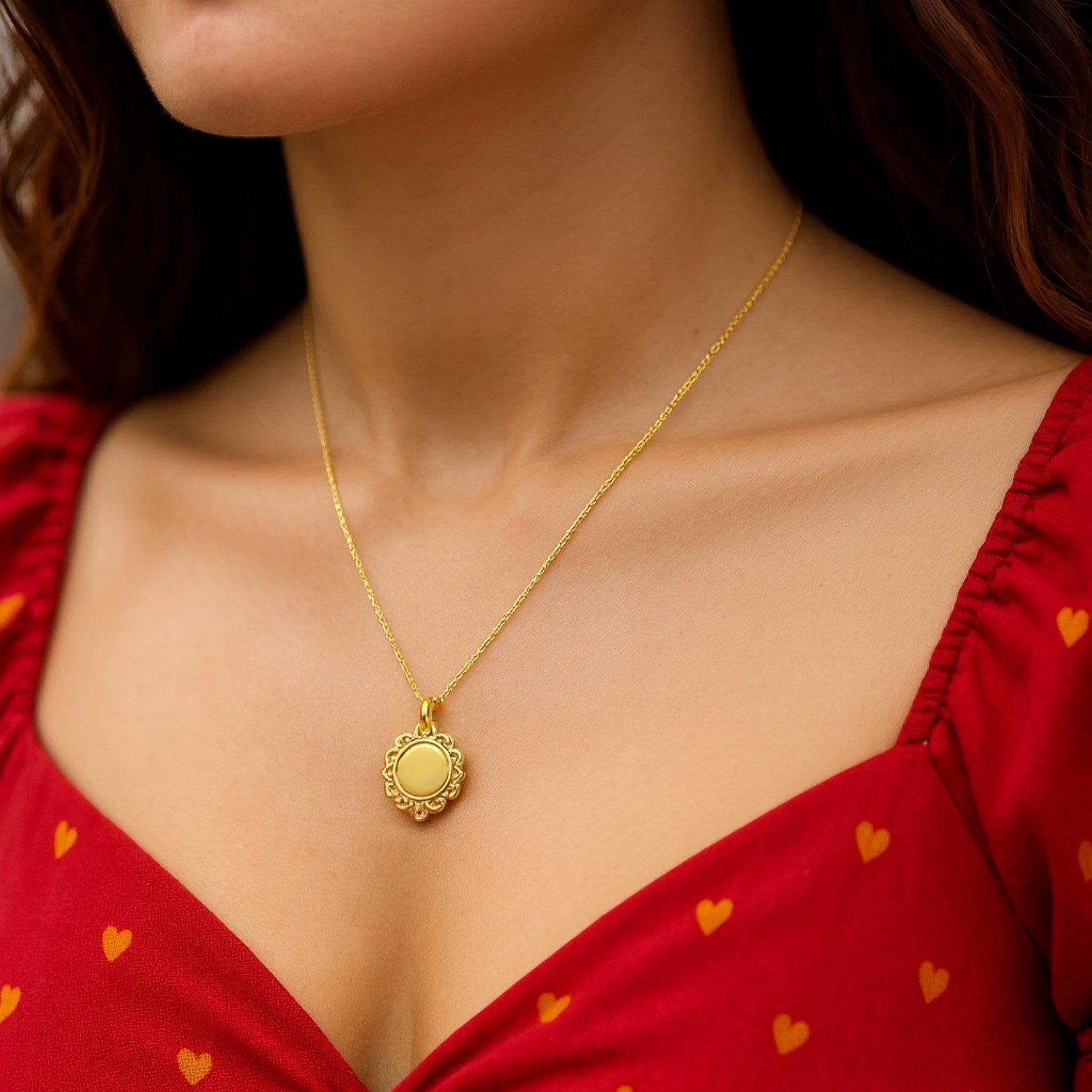 Baroque Round Pendant and Necklace in 14K Yellow Gold for Women | Yene Store 