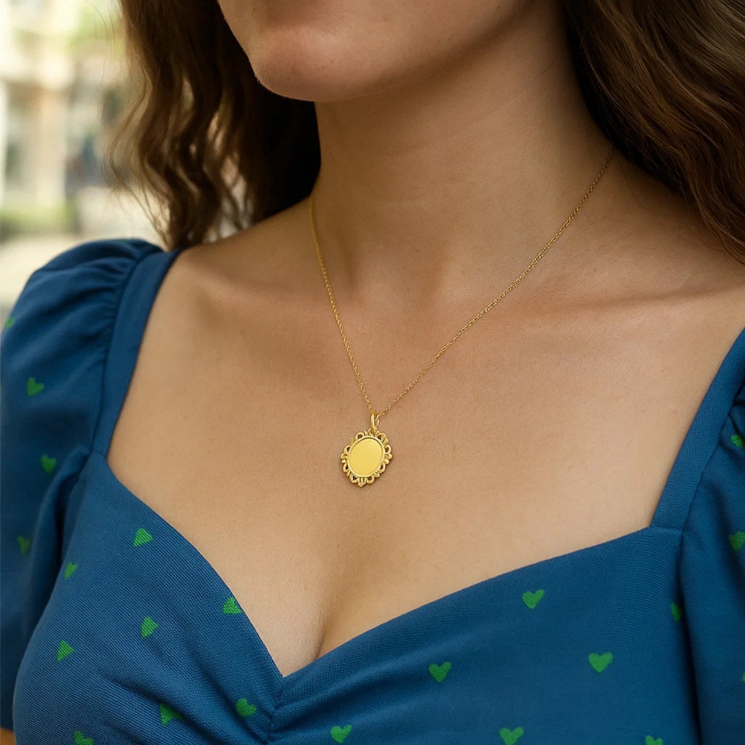 Baroque Round Pendant and Necklace in 14K Yellow Gold for Women | Yene Store 
