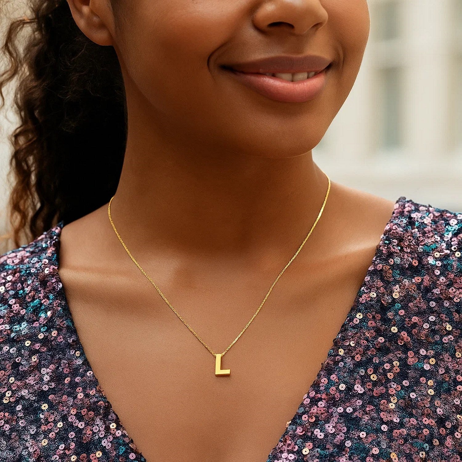14K Yellow Gold Yours Truly Block Letter Initial L Necklace for Women | Yene Store 