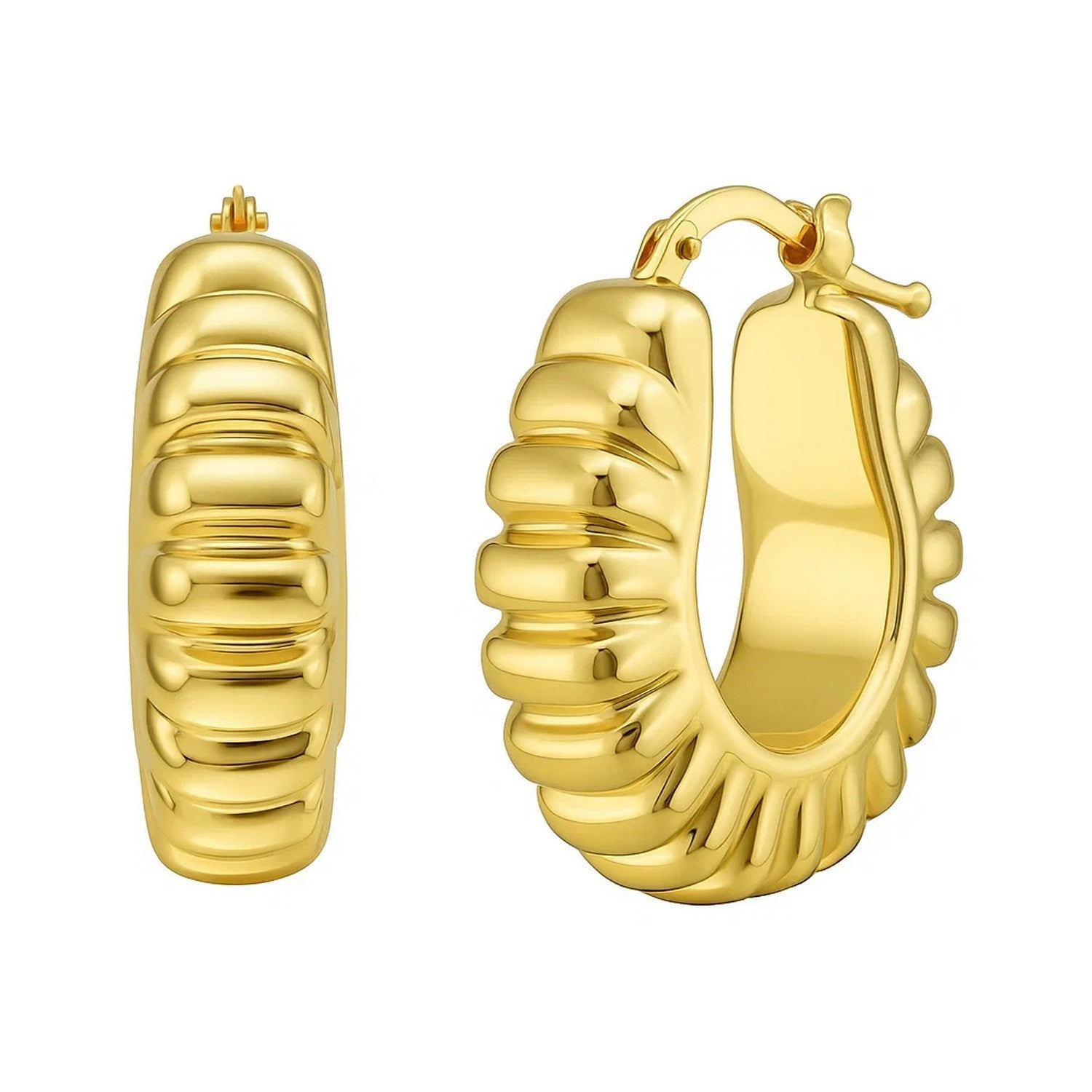 14K Yellow Gold Polished Puffed Ribbed Hoop Earrings for Women | Yene Store