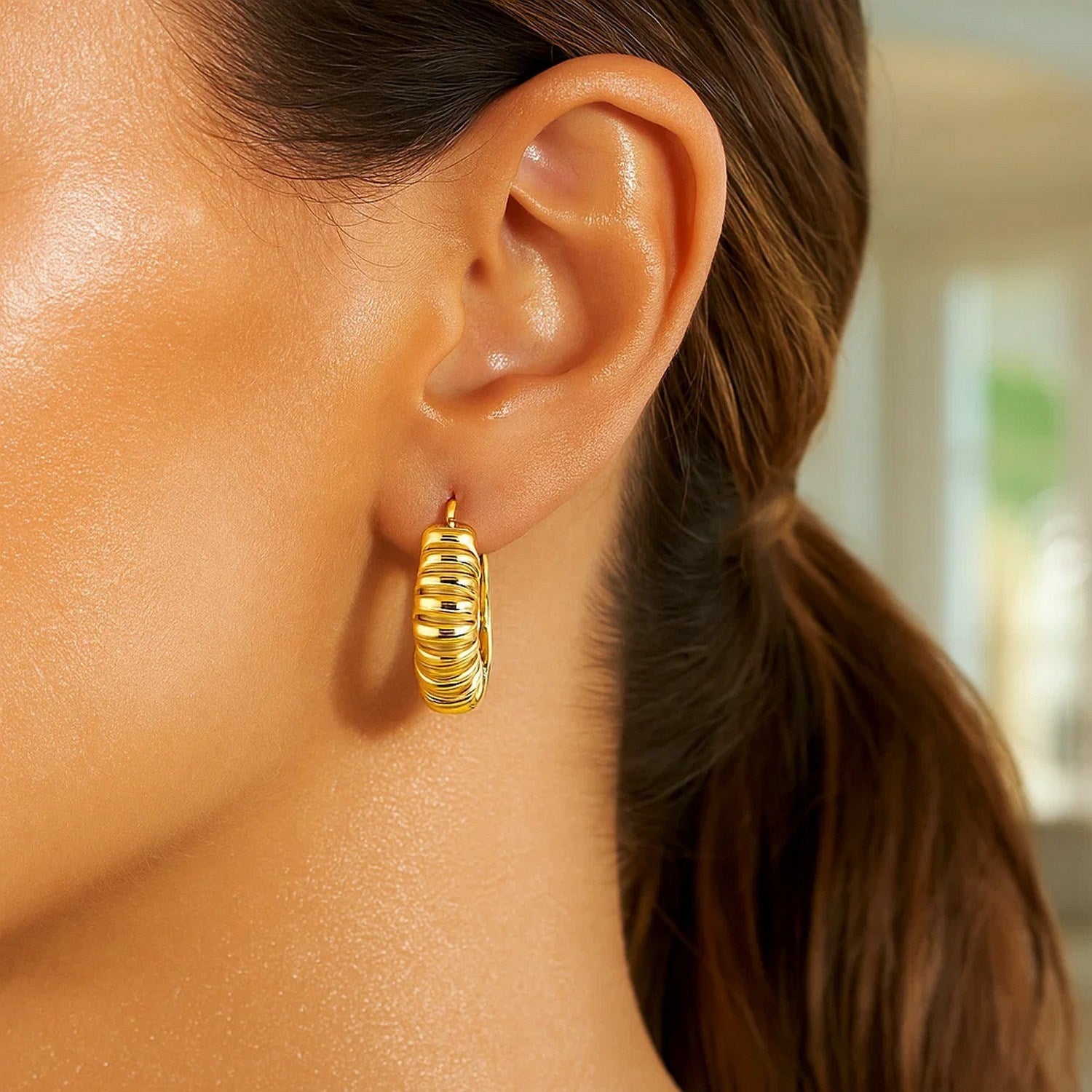 14K Yellow Gold Polished Puffed Ribbed Hoop Earrings for Women | Yene Store