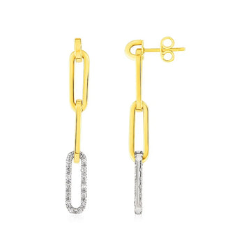 14k Yellow Gold Paperclip Chain Dangle Earrings with Diamonds
