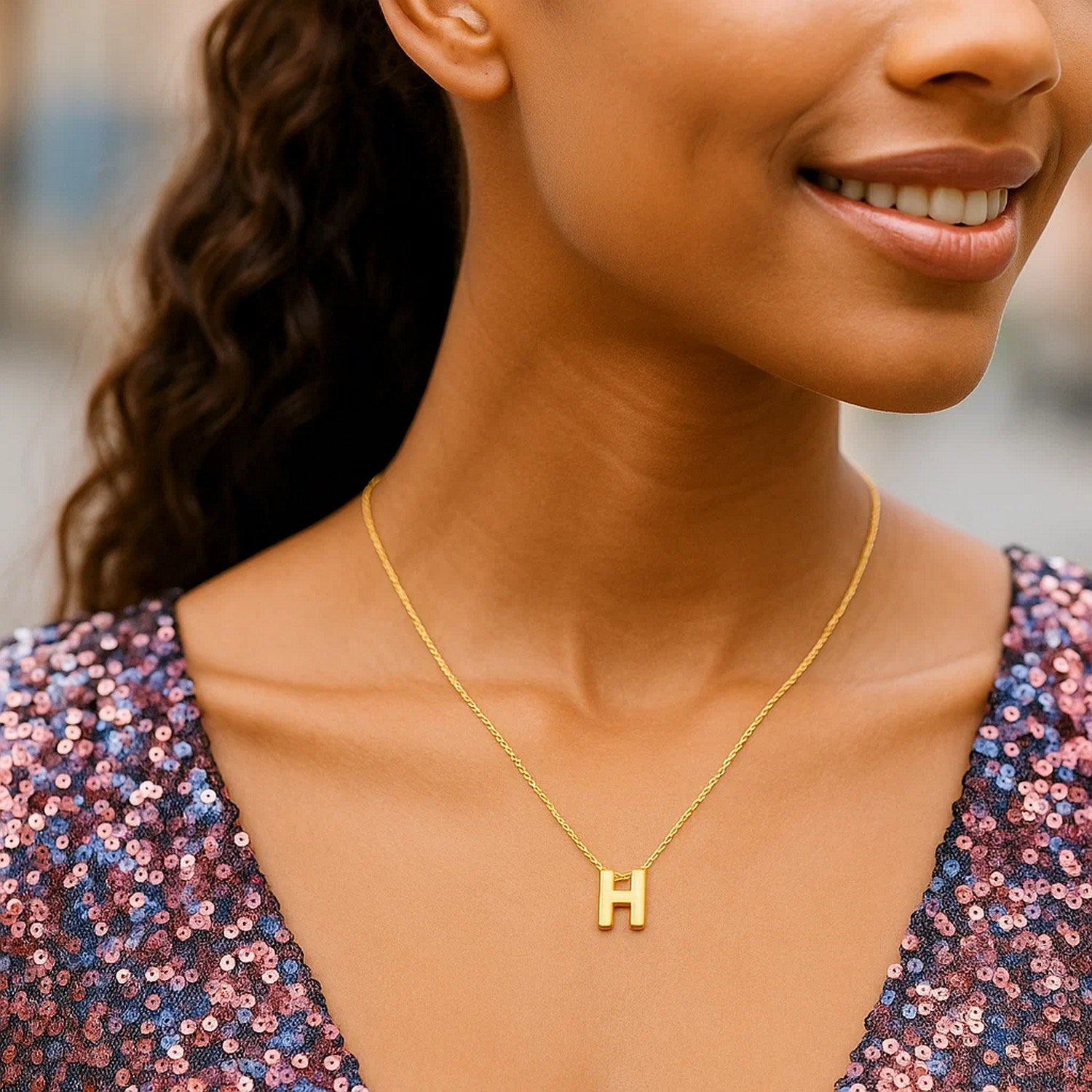 14K Yellow Gold Yours Truly Block Letter Initial H Necklace for Women | Yene Store 