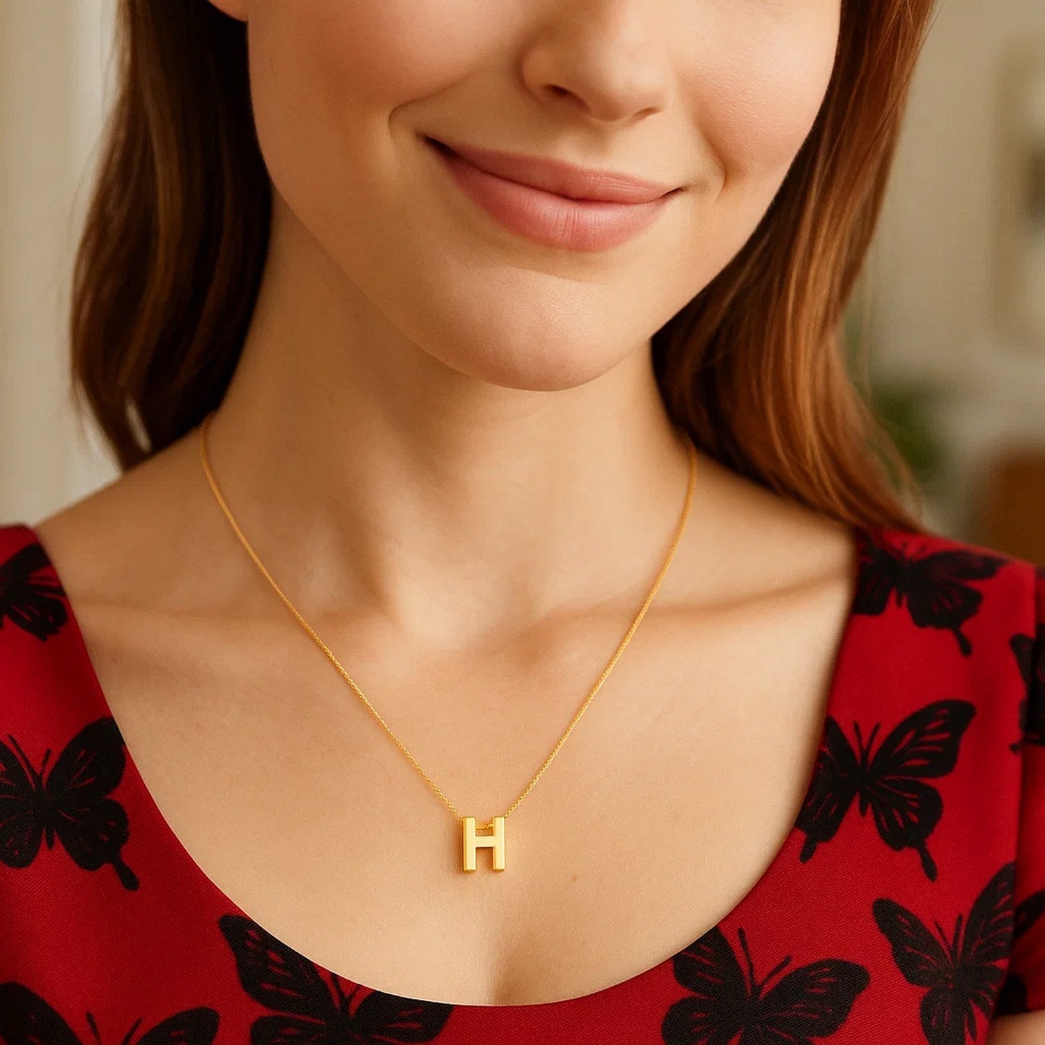 14K Yellow Gold Yours Truly Block Letter Initial H Necklace for Women | Yene Store 