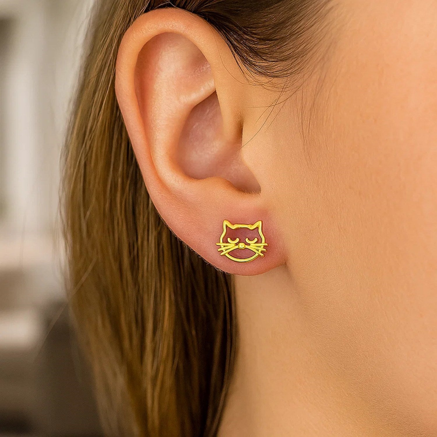 14K Yellow Gold Cat Head Earrings for Women | Yene Store 
