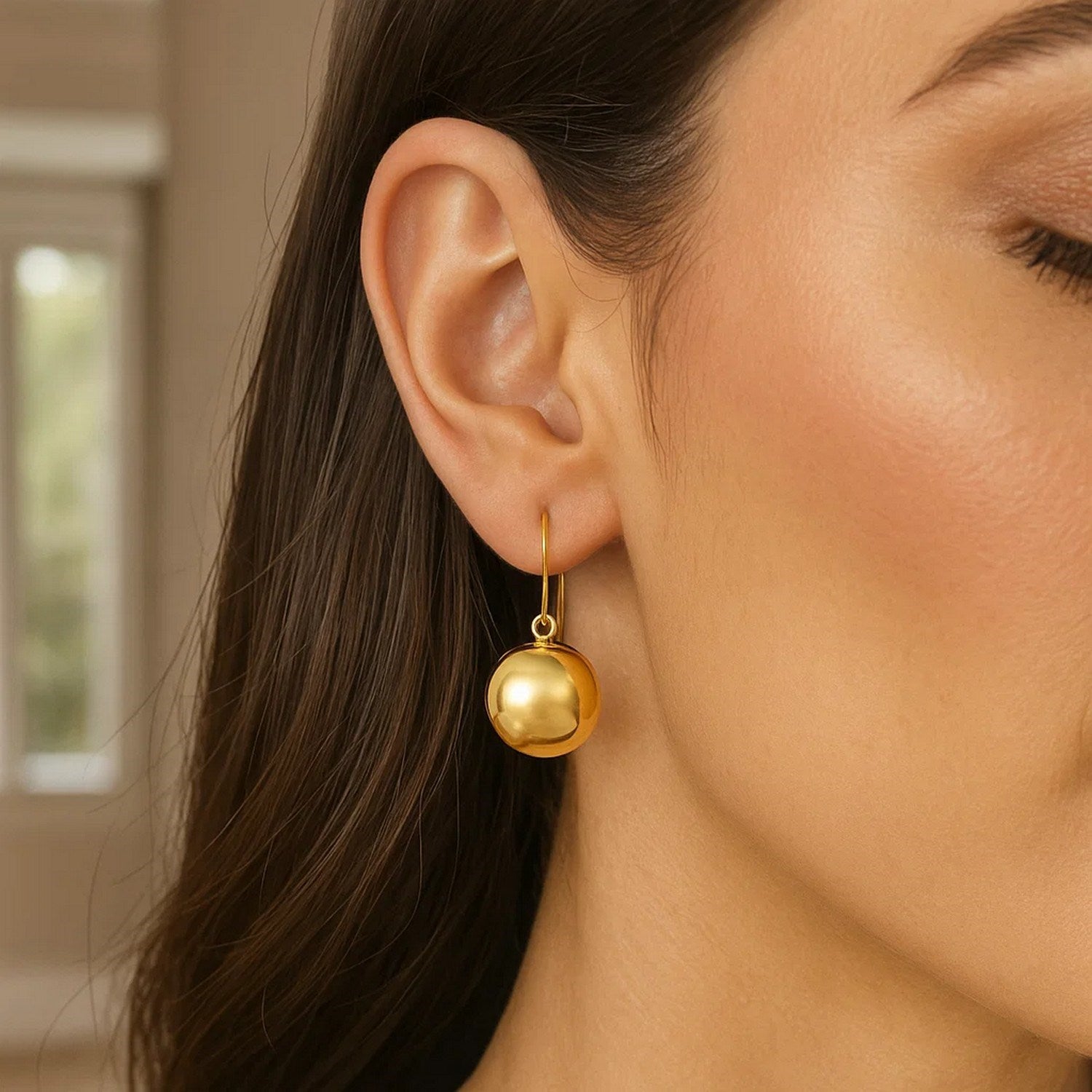 14k Yellow Gold Puffed Circle Shape Drop Earrings for Women | Yene Store 