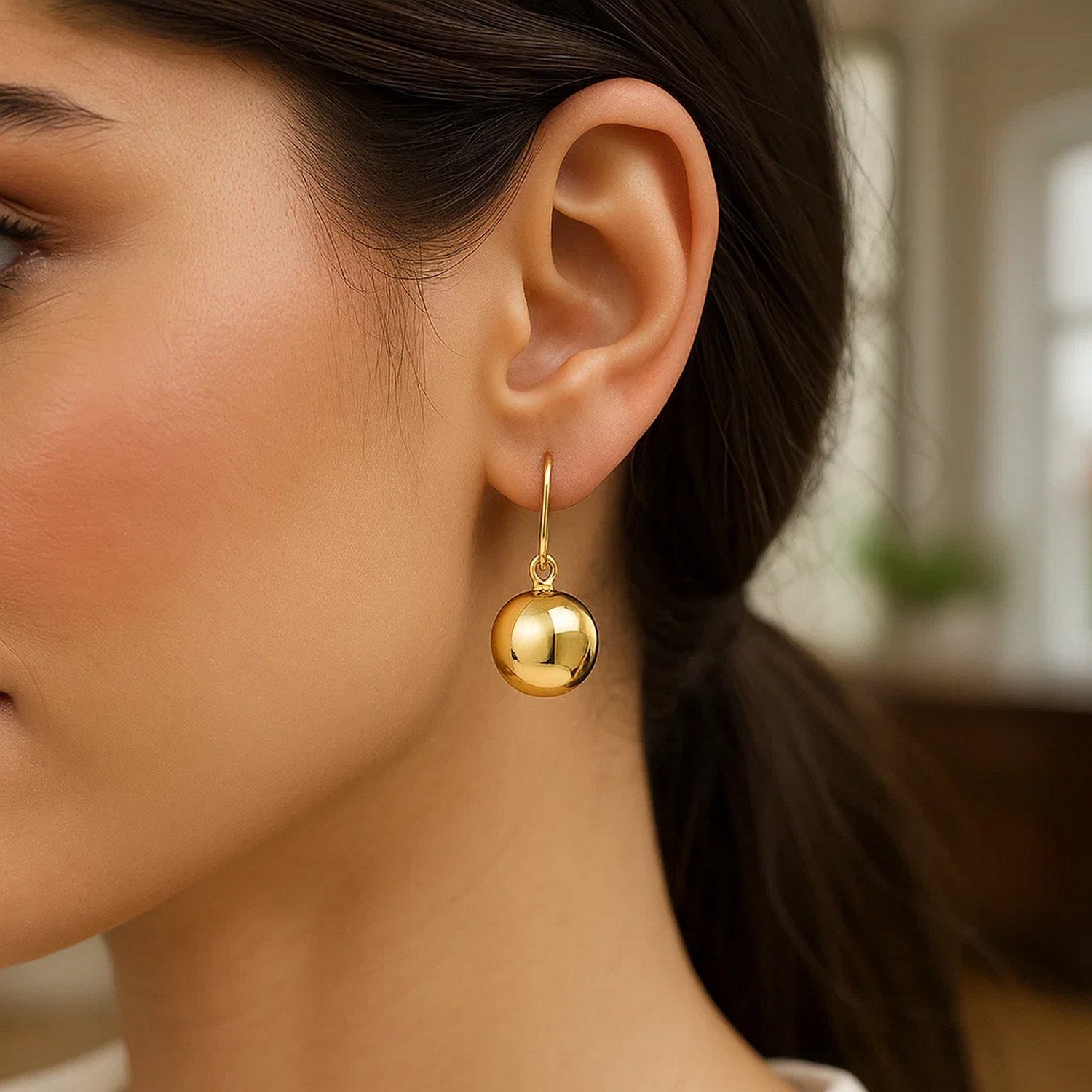 14k Yellow Gold Puffed Circle Shape Drop Earrings for Women | Yene Store 