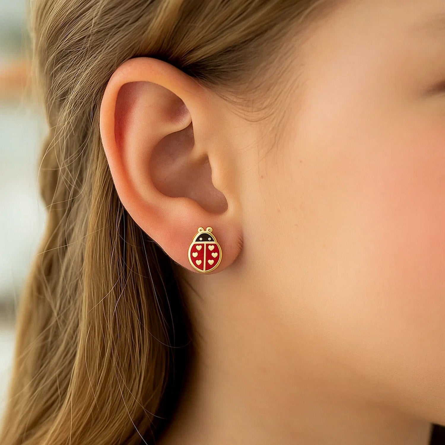 14K Yellow Gold Ladybug Enamel Earrings