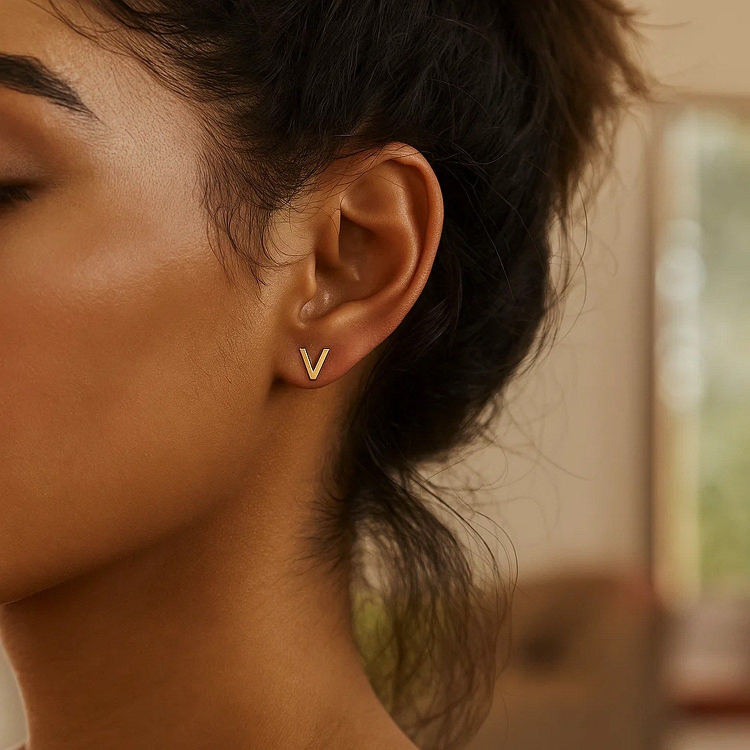  14K Yellow Gold Yours Truly Initial V Stud Earrings for Women | Yene Store 