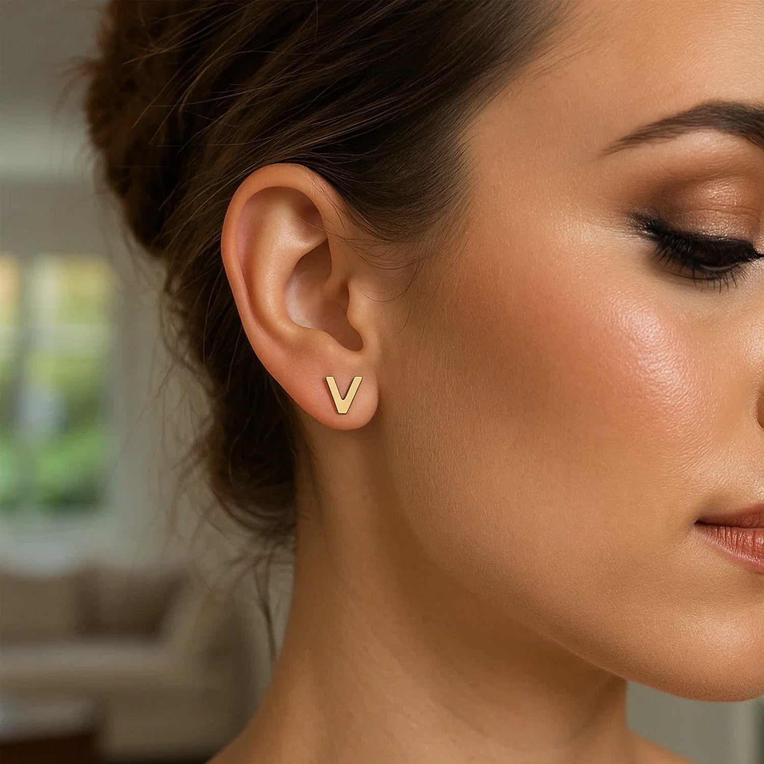  14K Yellow Gold Yours Truly Initial V Stud Earrings for Women | Yene Store