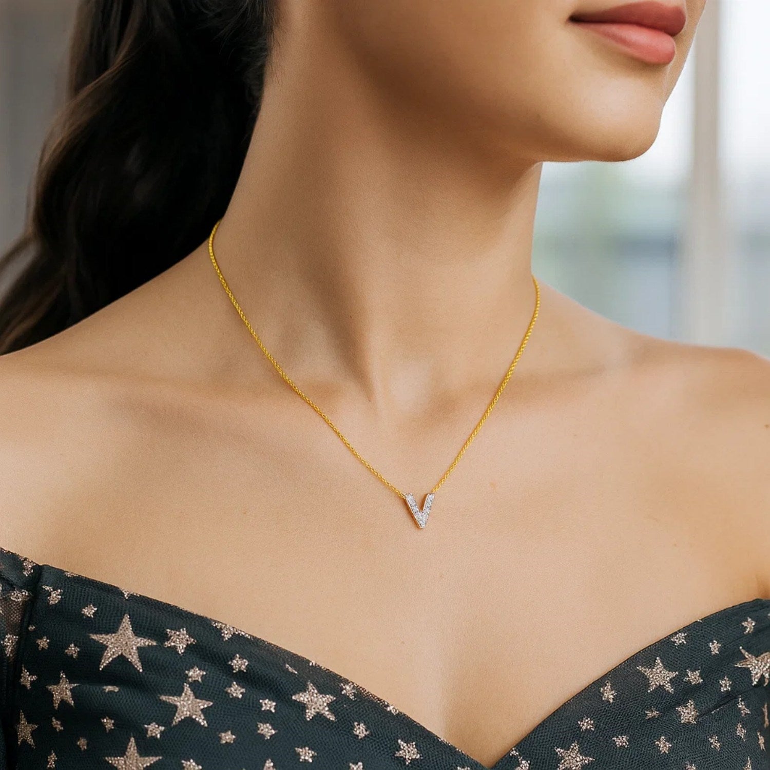 14K Yellow Gold Mini Diamond V Initial Pendant Necklace for Women | Yene Store 
