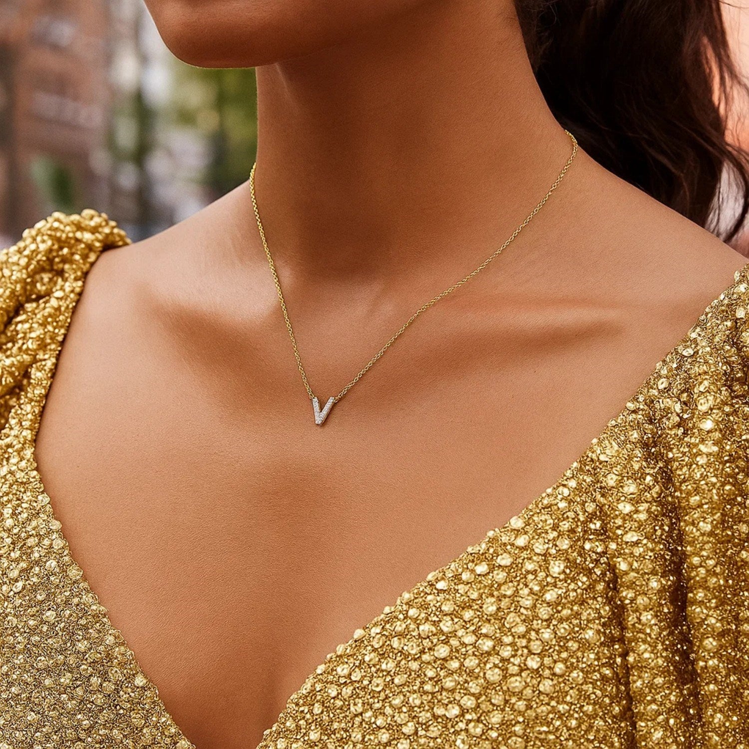 14K Yellow Gold Mini Diamond V Initial Pendant Necklace for Women | Yene Store 