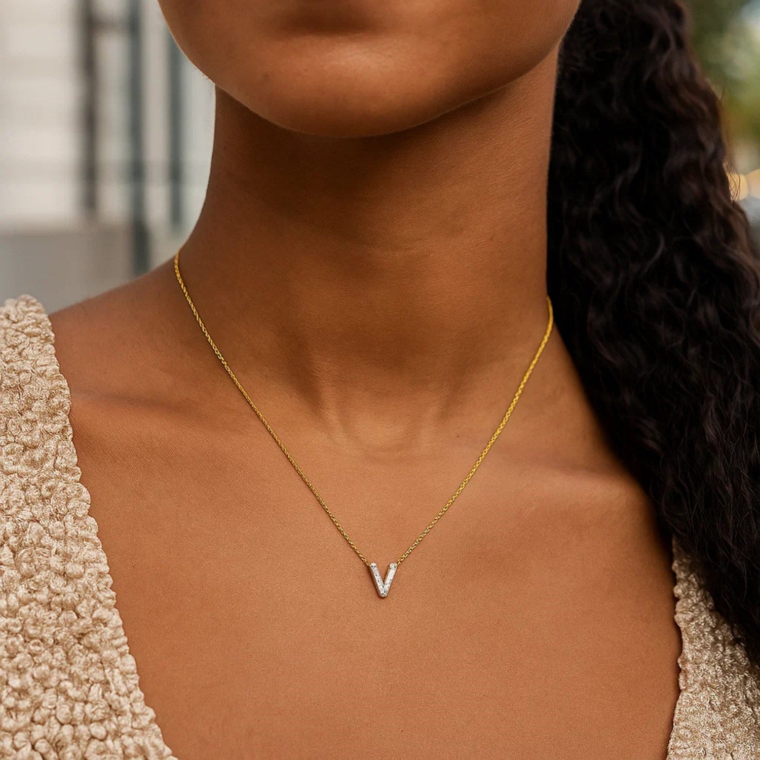 14K Yellow Gold Mini Diamond V Initial Pendant Necklace for Women | Yene Store 
