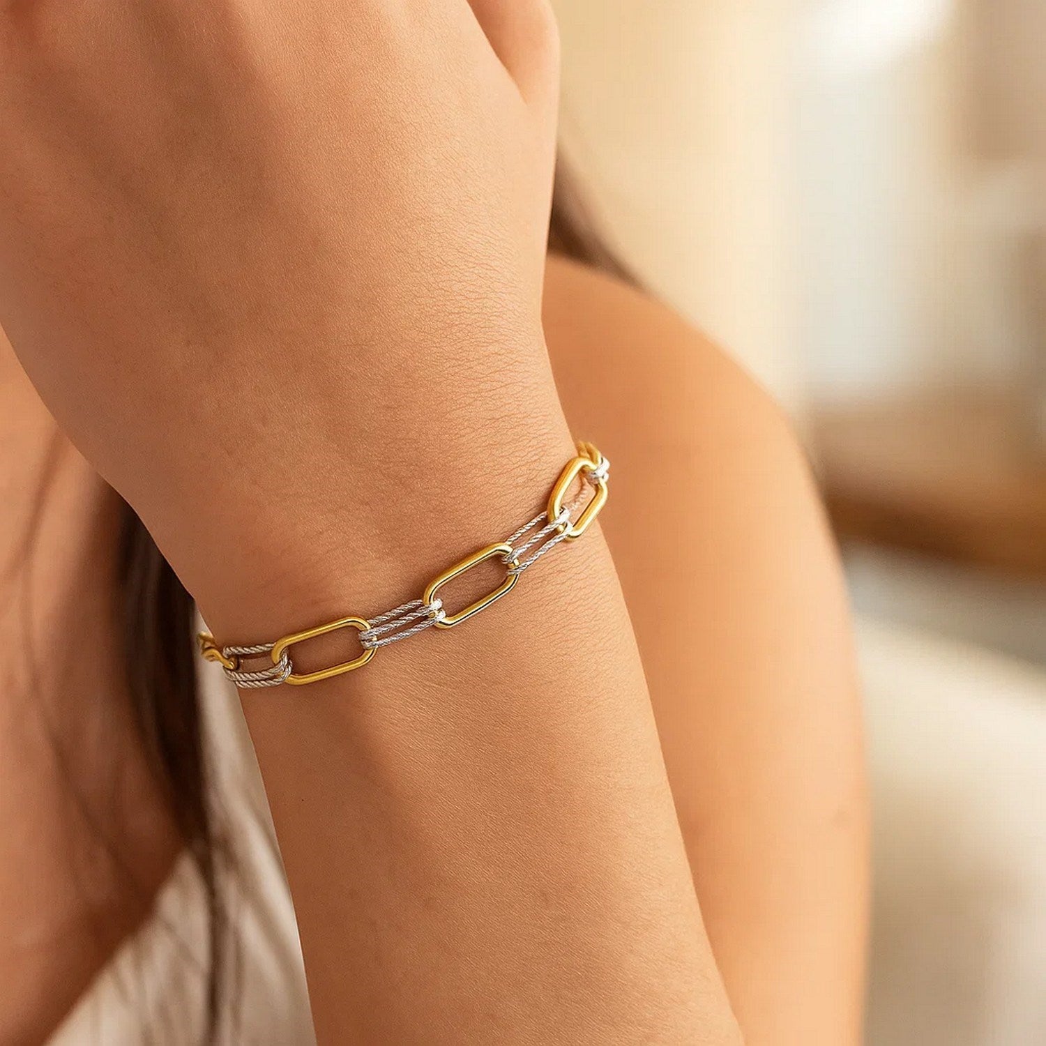 14K Two Tone Gold Diamante Paperclip Bracelet (6.20 mm) for Women | Yene Store