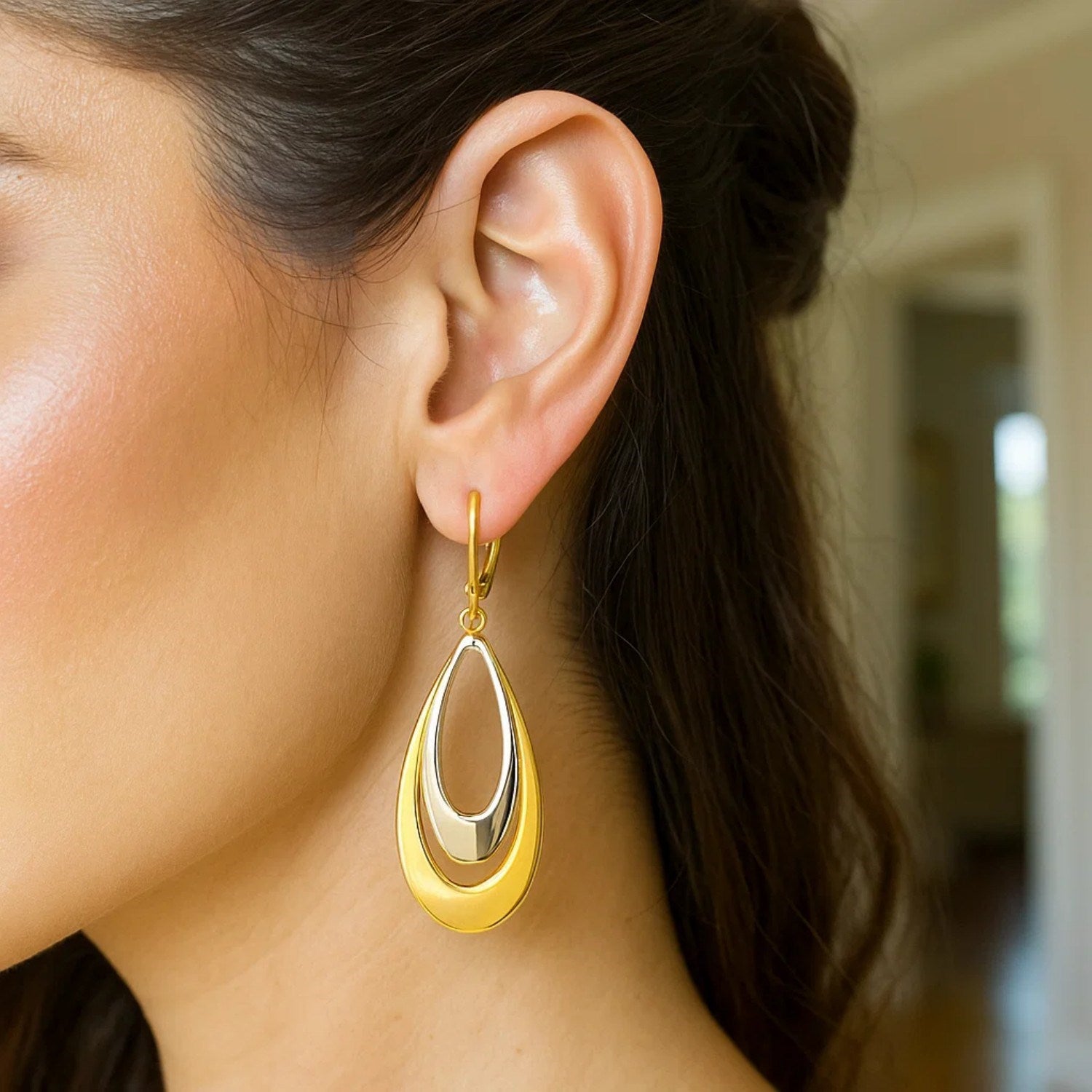 14k Two-Tone Gold Graduated Open Double Teardrop Earrings for Women | Yene store 